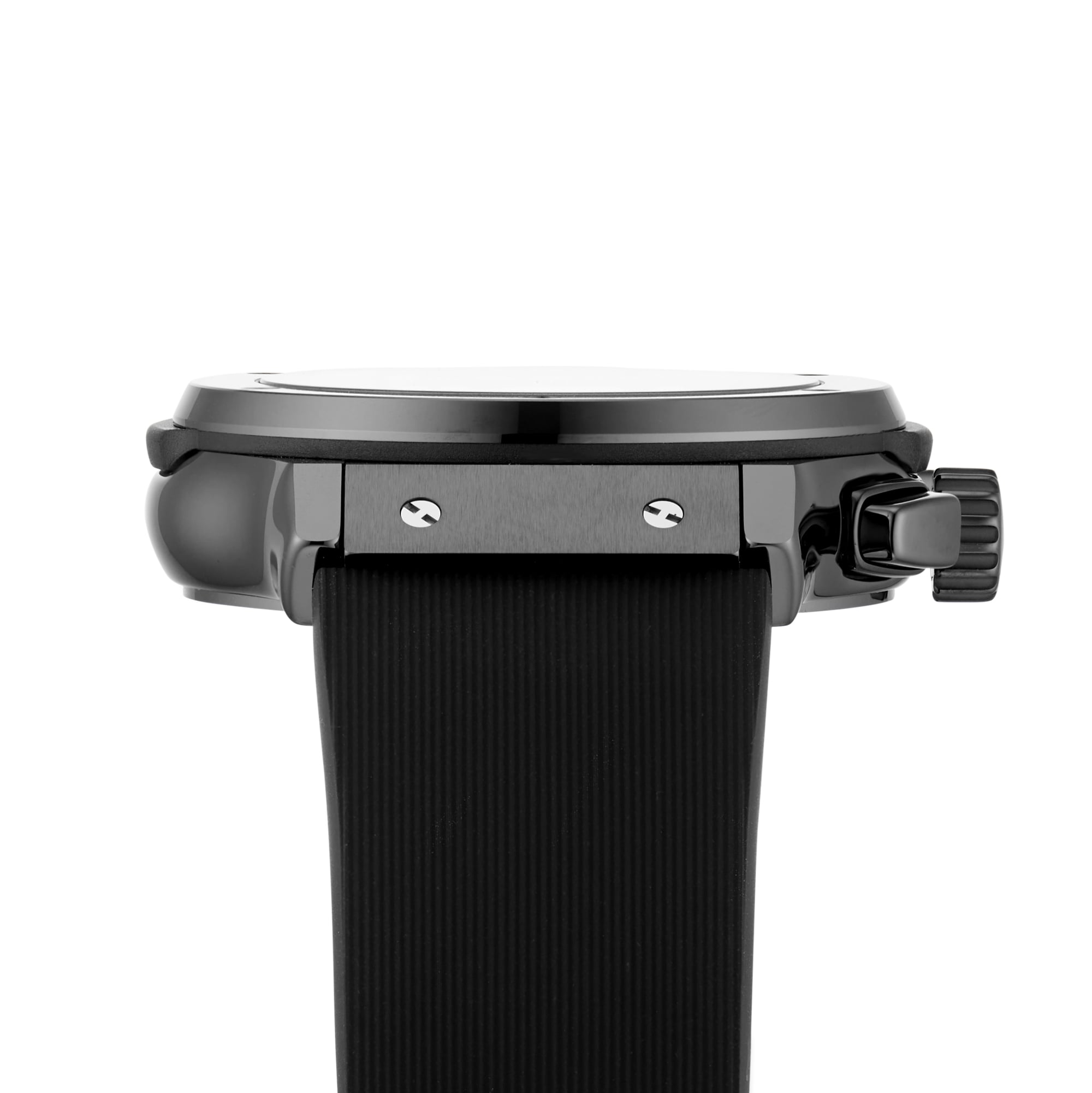 Side view of the Hublot Classic Fusion Chronograph Black Magic, featuring a black ceramic case, round face, two visible screws on the case, crown, and textured black strap.