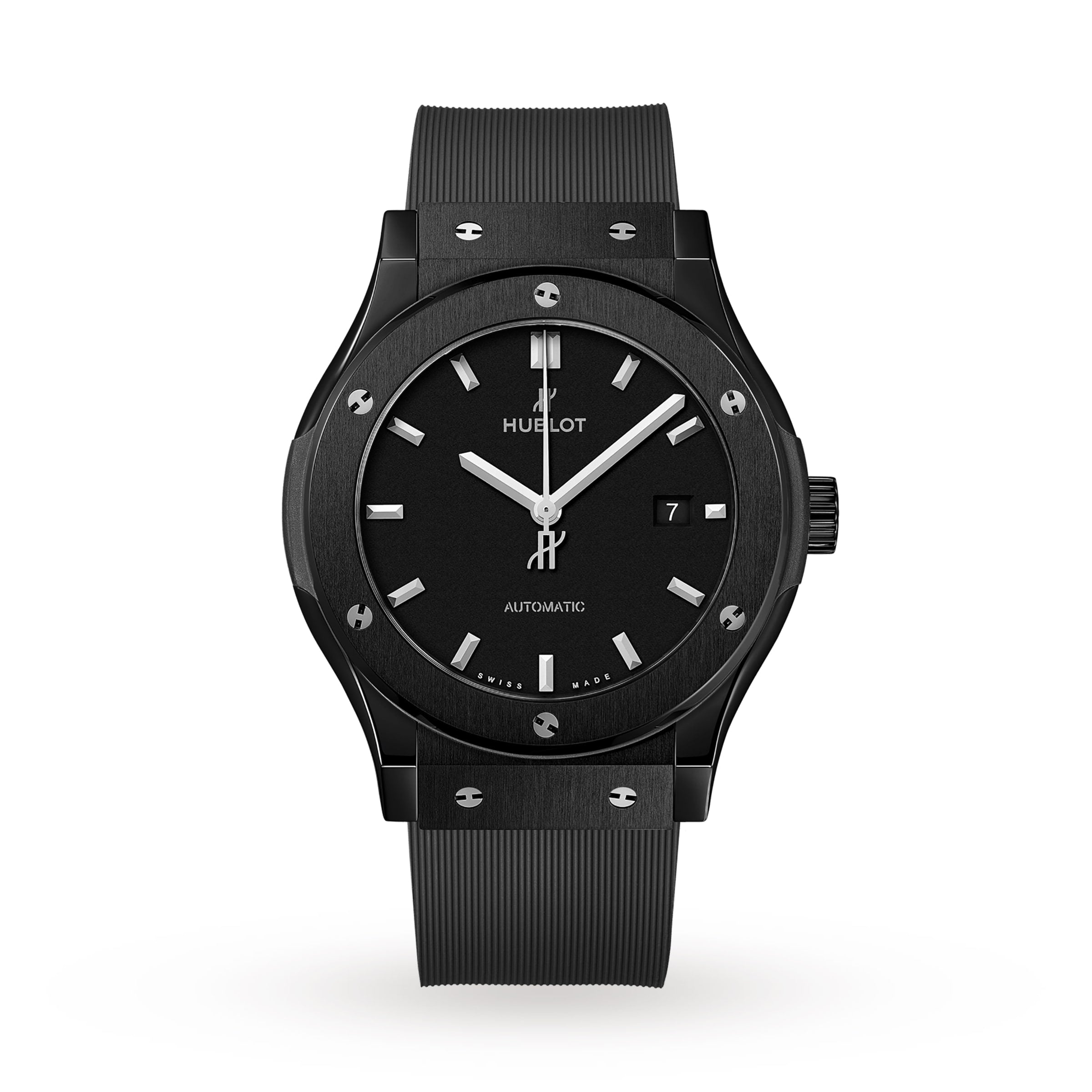 The Hublot Classic Fusion Black Magic features a black high-tech ceramic case, black dial with silver markers, date display at 3 o’clock, and a black rubber strap, shown on a white background.