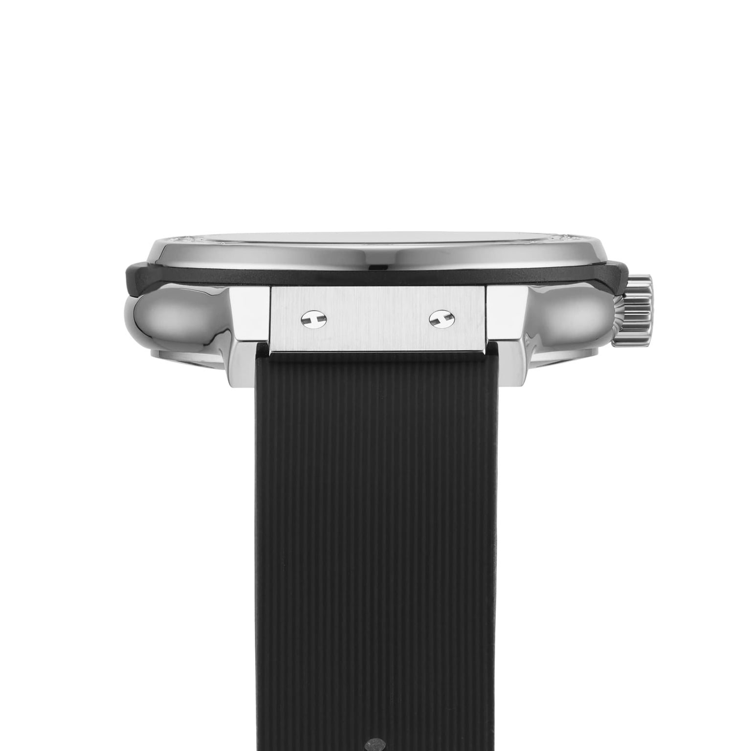 Side view of the Hublot Classic Fusion Black Magic stainless steel case with a ridged crown and a black high-tech ceramic textured strap.