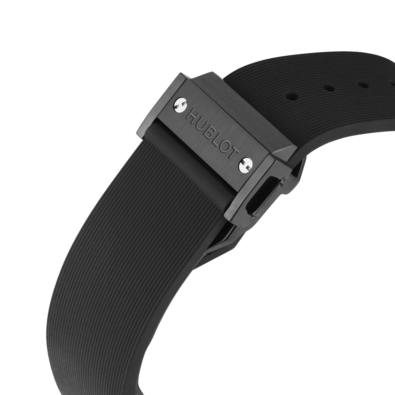 Close-up of the black rubber strap and metal clasp, engraved with Hublot, complementing the bold design of the Classic Fusion Black Magic crafted in black ceramic.