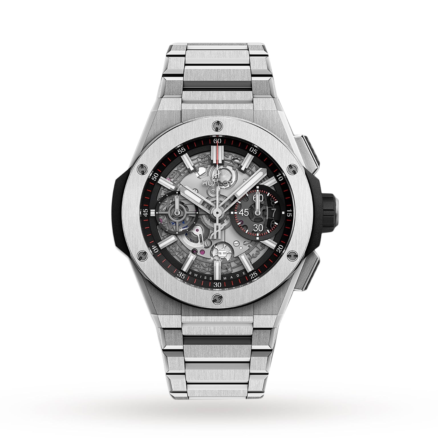 The Hublot Big Bang Integrated Titanium is a self-winding chronograph wristwatch, featuring a skeleton dial with visible gears and a titanium bracelet, shown on a white background.