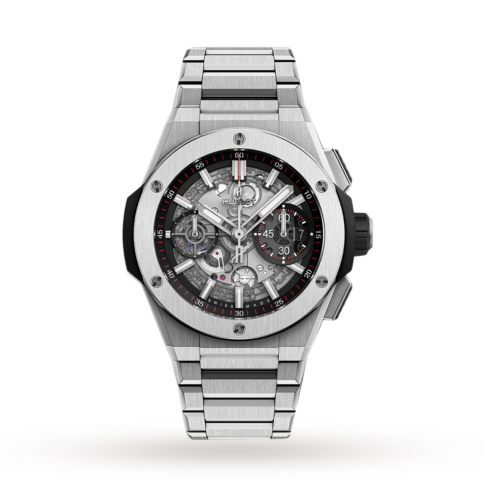 The Hublot Big Bang Integrated Titanium is a self-winding chronograph wristwatch, featuring a skeleton dial with visible gears and a titanium bracelet, shown on a white background.