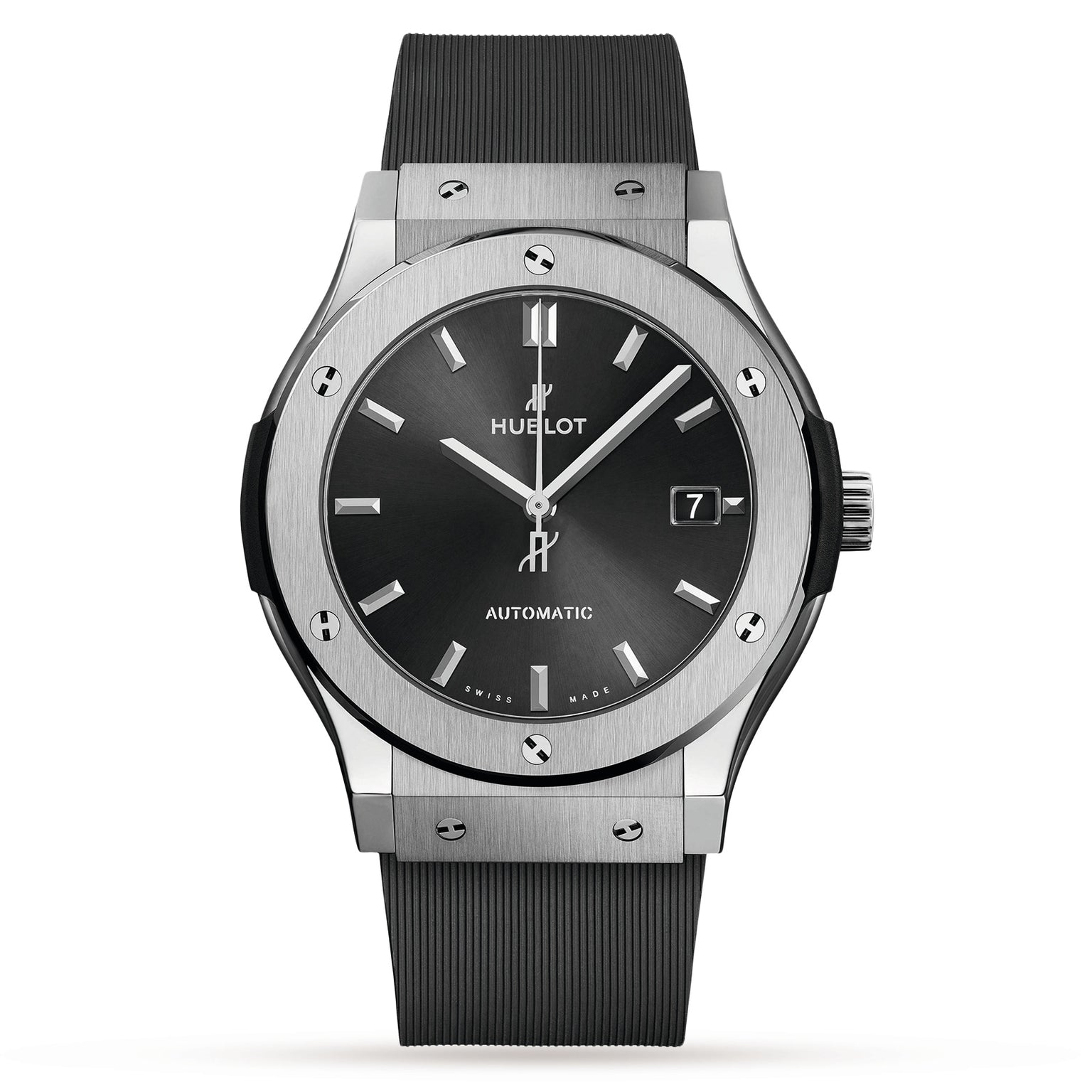 A Hublot Classic Fusion Racing Grey Titanium wristwatch with a black face, silver hour markers, date display at 3 o’clock, titanium case, and black rubber strap.