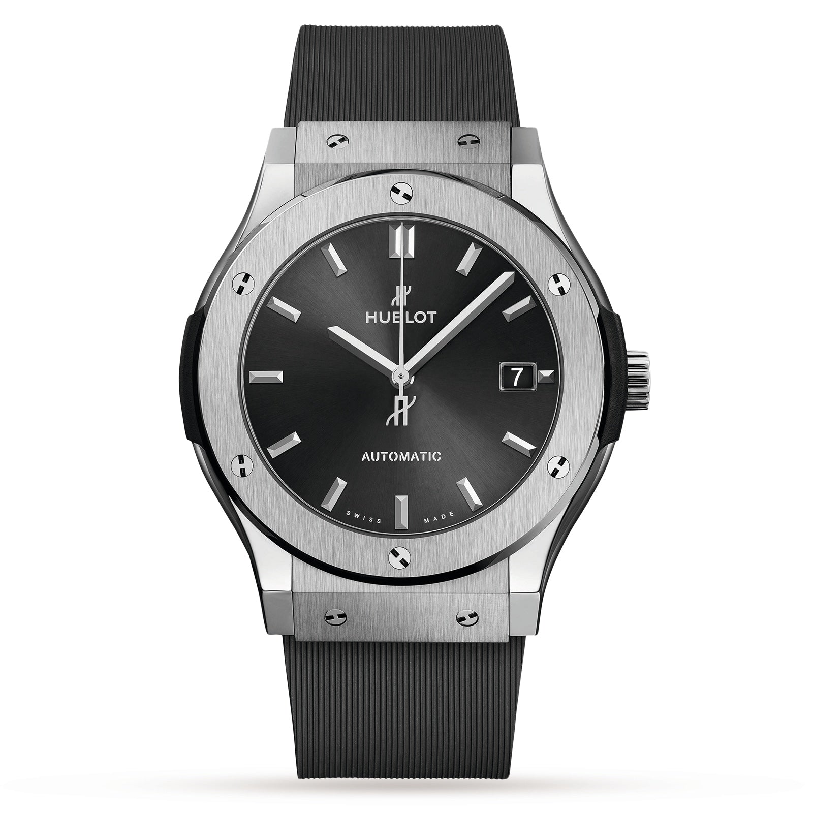 A Hublot Classic Fusion Racing Grey Titanium wristwatch with a black face, silver hour markers, date display at 3 o’clock, titanium case, and black rubber strap.