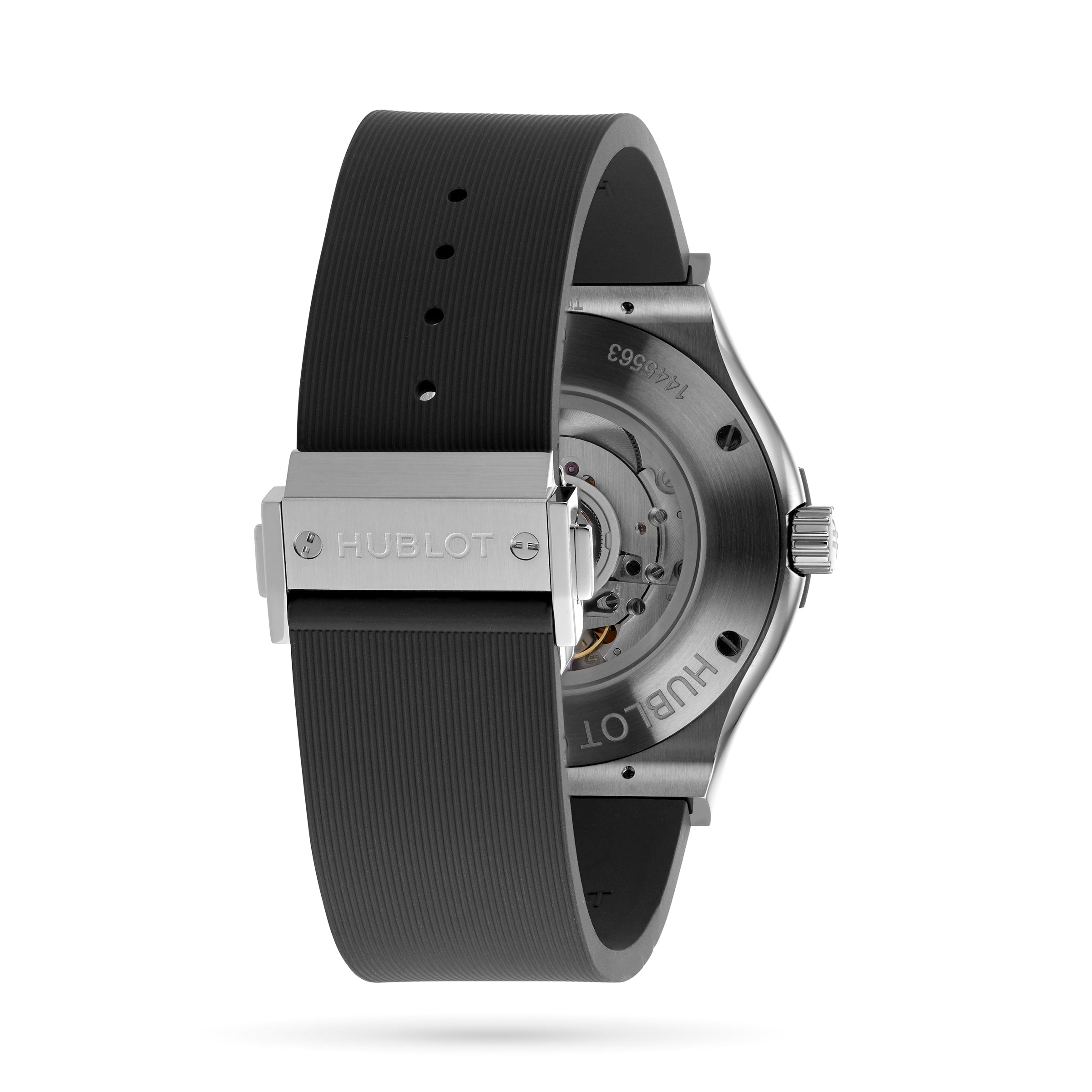 Back view of the Hublot Classic Fusion Racing Grey Titanium, highlighting its self-winding movement, black textured strap, and a clasp engraved with the Hublot logo.