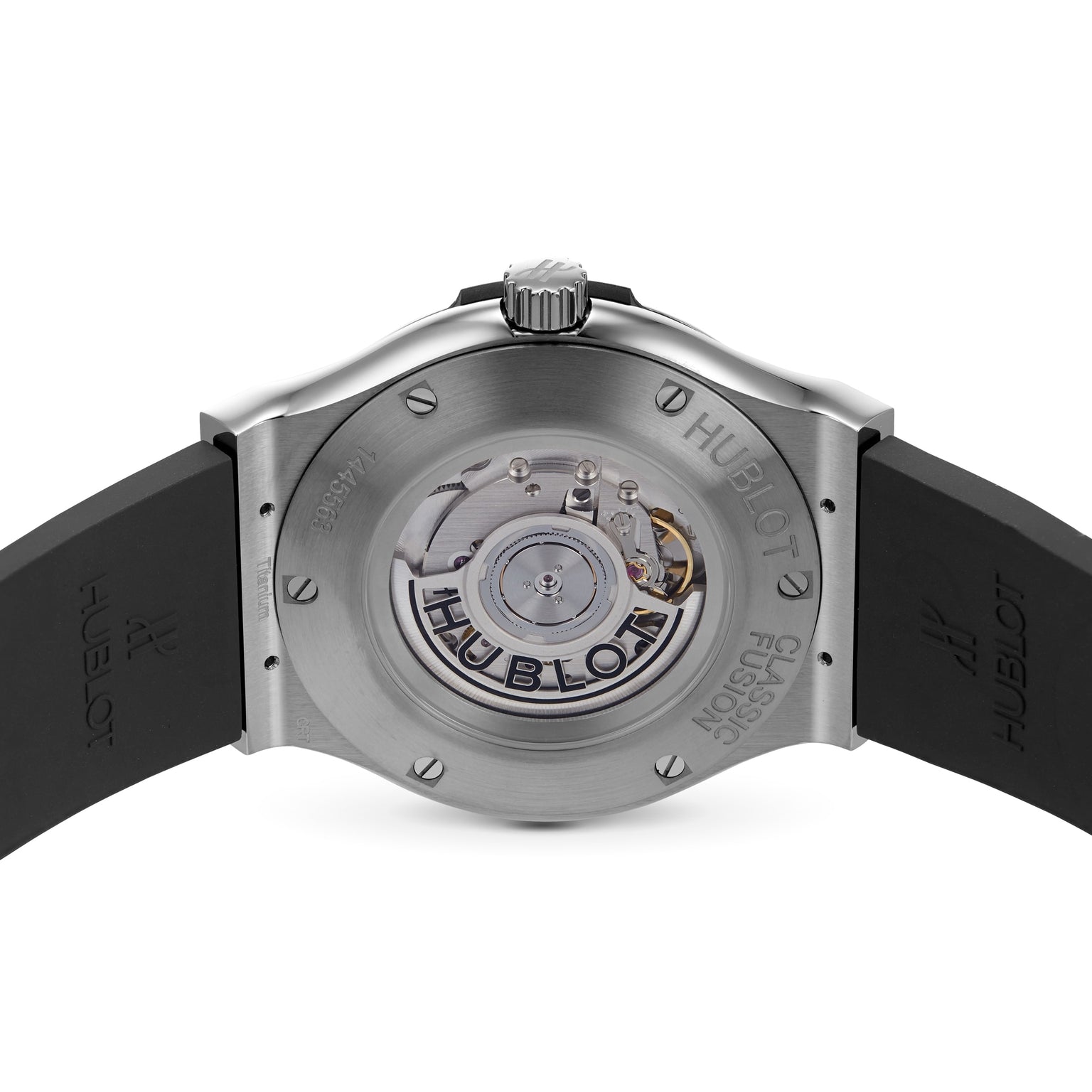 Back view of the Classic Fusion Racing Grey Titanium showing the mechanism and HUBLOT logos