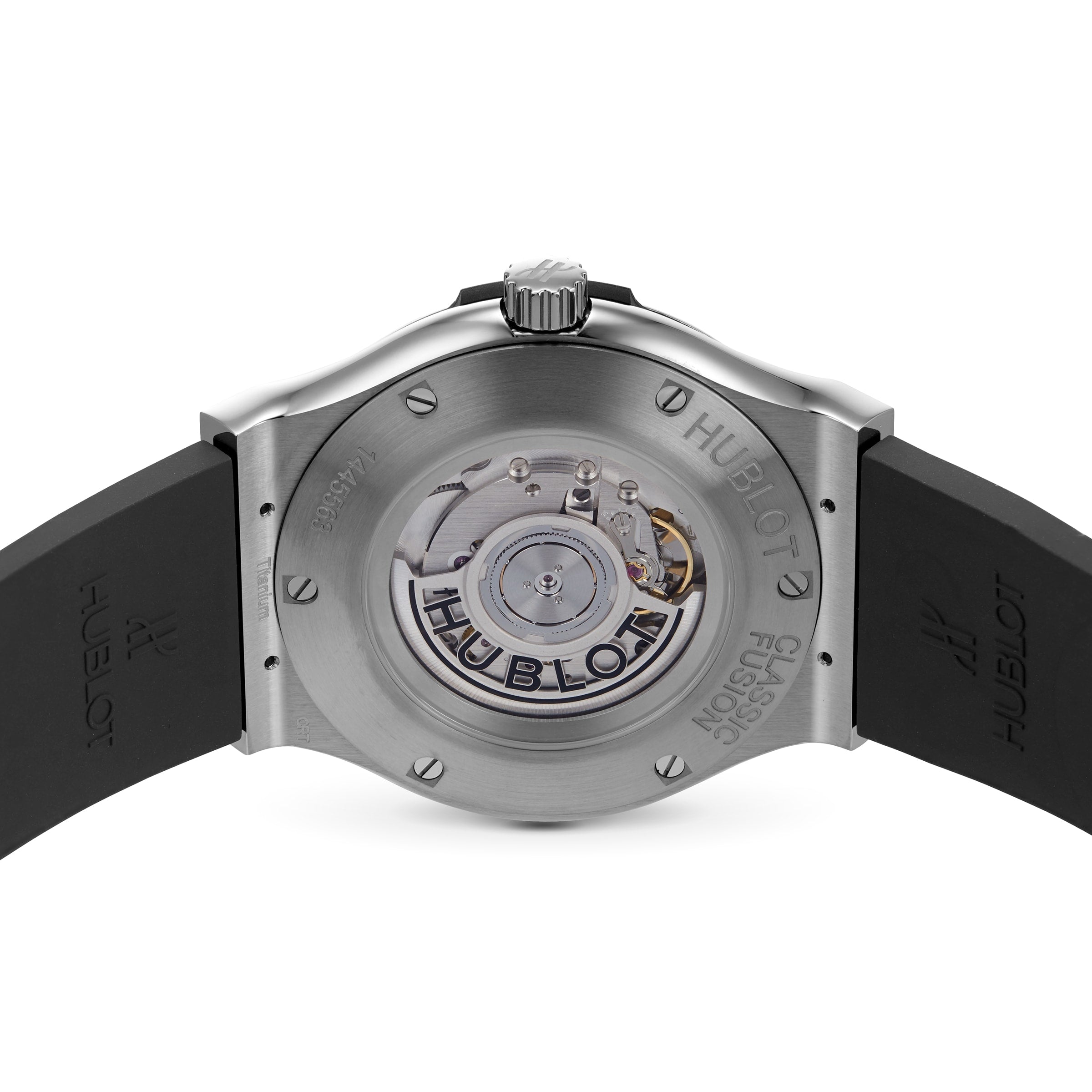 Back view of the Classic Fusion Racing Grey Titanium showing the mechanism and HUBLOT logos