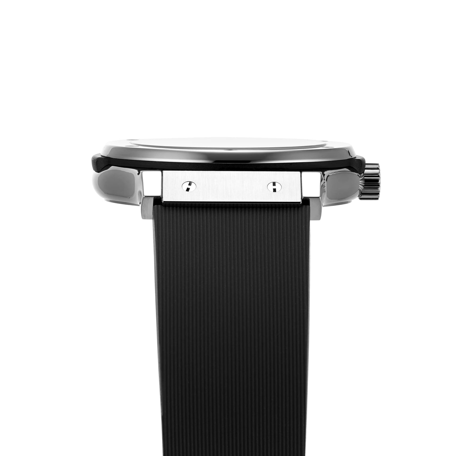 Side view of a Hublot Classic Fusion Racing Grey Titanium watch with a black textured strap and titanium case, highlighting the crown and case screws against a white background.