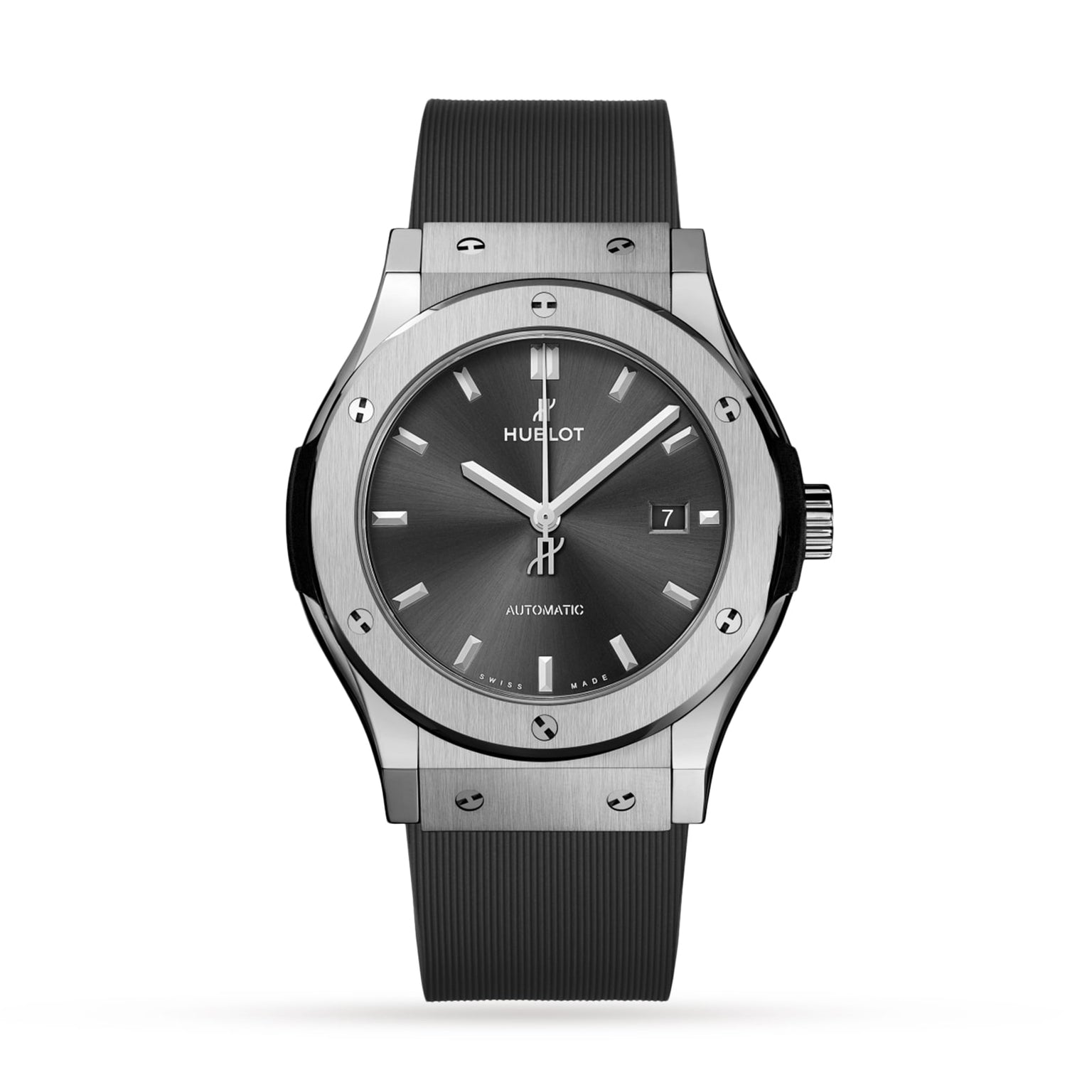 A Hublot Classic Fusion Racing Grey Titanium wristwatch with a titanium case, black dial, date display, silver hour markers, and black rubber strap is pictured on a white background.