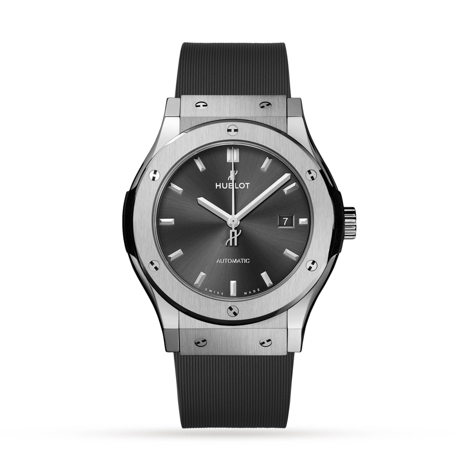 A Hublot Classic Fusion Racing Grey Titanium wristwatch with a titanium case, black dial, date display, silver hour markers, and black rubber strap is pictured on a white background.