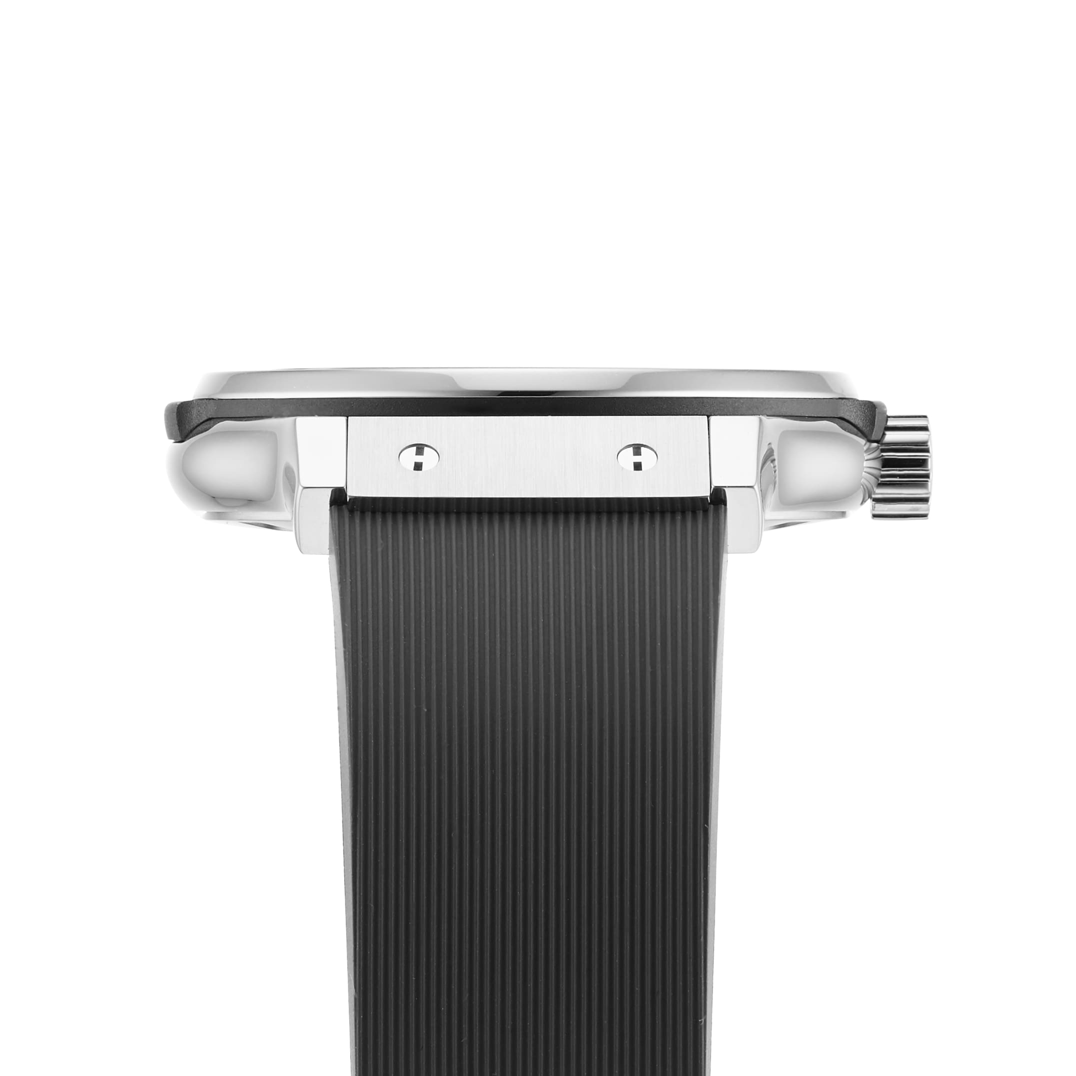 Side view of the Hublot Classic Fusion Racing Grey Titanium, showcasing its titanium case, racing grey sunray dial, black textured strap, and ridged crown on the right.