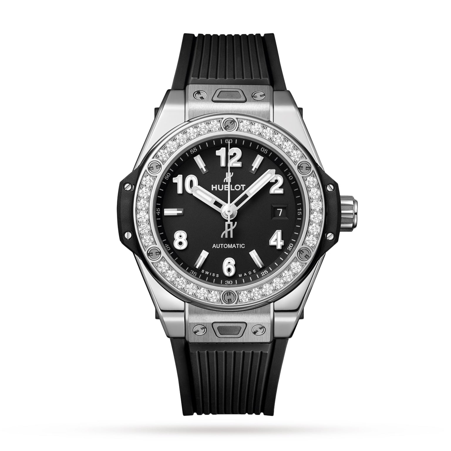 The Hublot Big Bang One Click Steel Diamonds features a silver stainless steel case, diamond-encrusted bezel, black face, black rubber strap, and silver hour markers and hands.