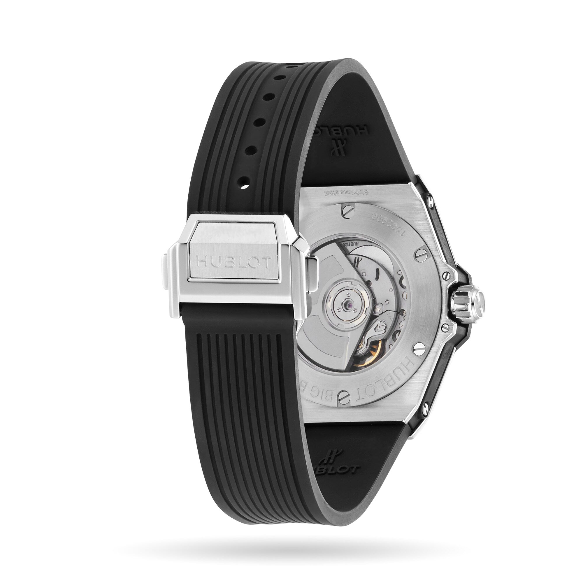 Back view of the Hublot Big Bang One Click Steel Diamonds watch featuring a black rubber strap, stainless steel case, deployment clasp, and visible automatic movement through the transparent caseback.