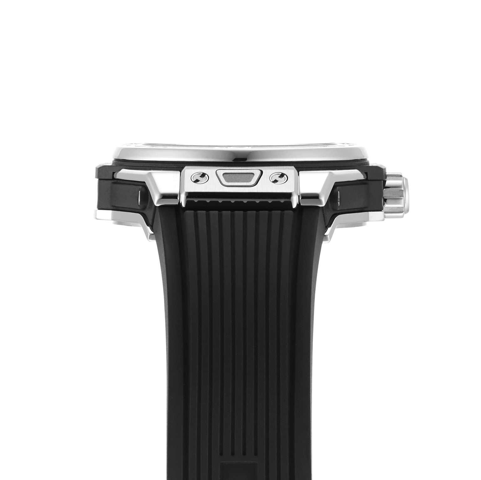 Close-up side view of the Hublot Big Bang One Click Steel Diamonds watch with a black textured strap, stainless steel case, and visible screws and buttons.