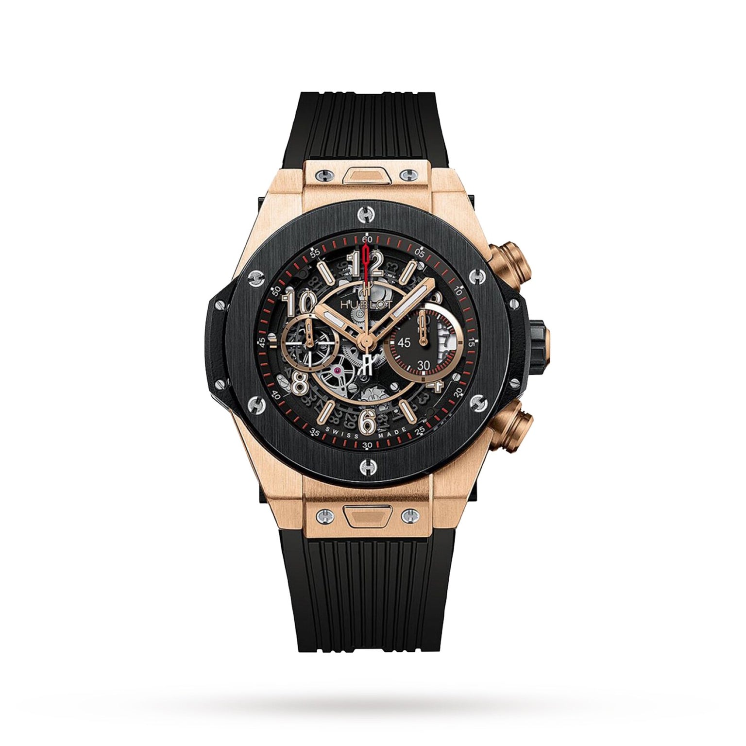 The Hublot Big Bang Unico King Ceramic is a luxury wristwatch featuring a black rubber strap, King Gold and black ceramic case, skeleton dial with visible gears, Unico 2 calibre movement, and chronograph subdials.