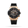 The Hublot Big Bang Unico King Ceramic is a luxury wristwatch featuring a black rubber strap, King Gold and black ceramic case, skeleton dial with visible gears, Unico 2 calibre movement, and chronograph subdials.