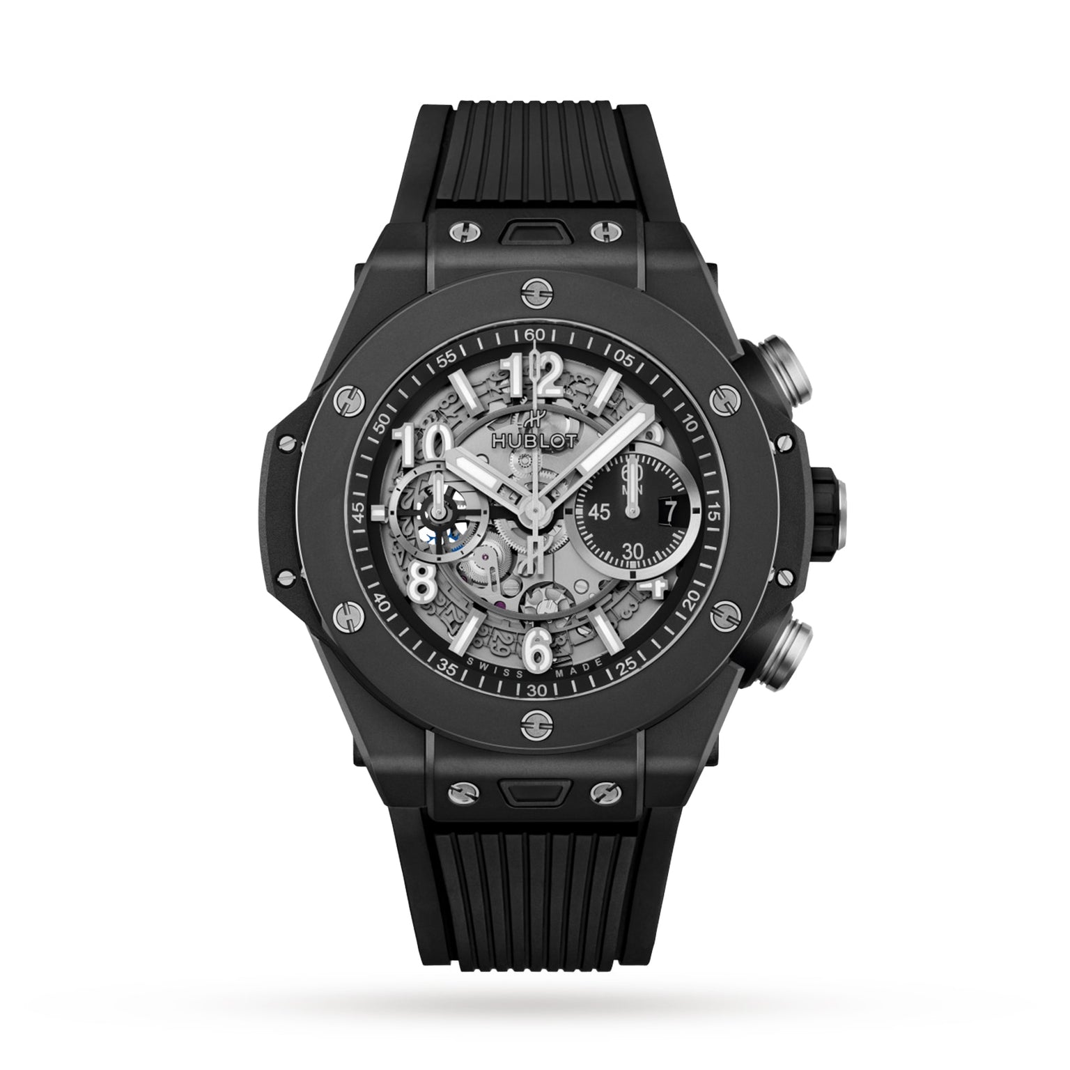 The Hublot Big Bang Unico Black Magic features a skeleton dial with silver accents, visible UNICO movement gears, and a black rubber strap, displayed against a white background.