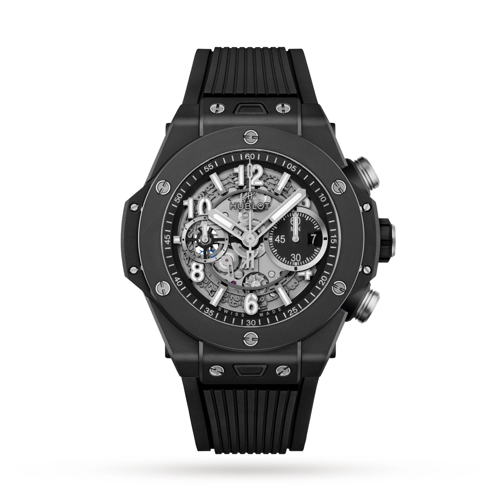 The Hublot Big Bang Unico Black Magic features a skeleton dial with silver accents, visible UNICO movement gears, and a black rubber strap, displayed against a white background.