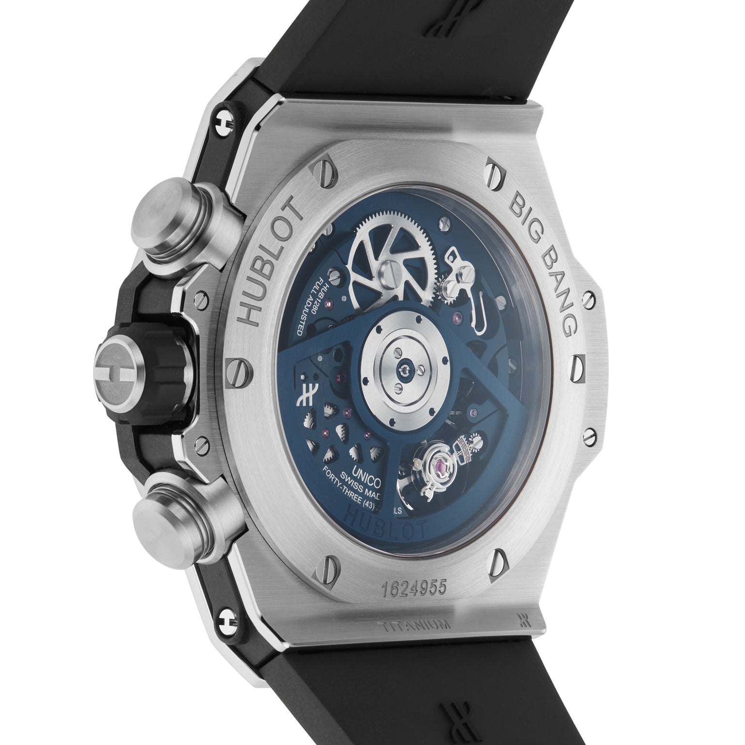 Close-up of the Hublot Big Bang Unico Titanium Blue, showing its transparent case back and visible mechanical movement inside a sleek titanium case.