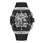 The Hublot Spirit Of Big Bang Titanium Ceramic is a bold luxury watch with a rectangular black ceramic and titanium case, exposed mechanics under sapphire crystal, multiple dials, and a black textured rubber strap.