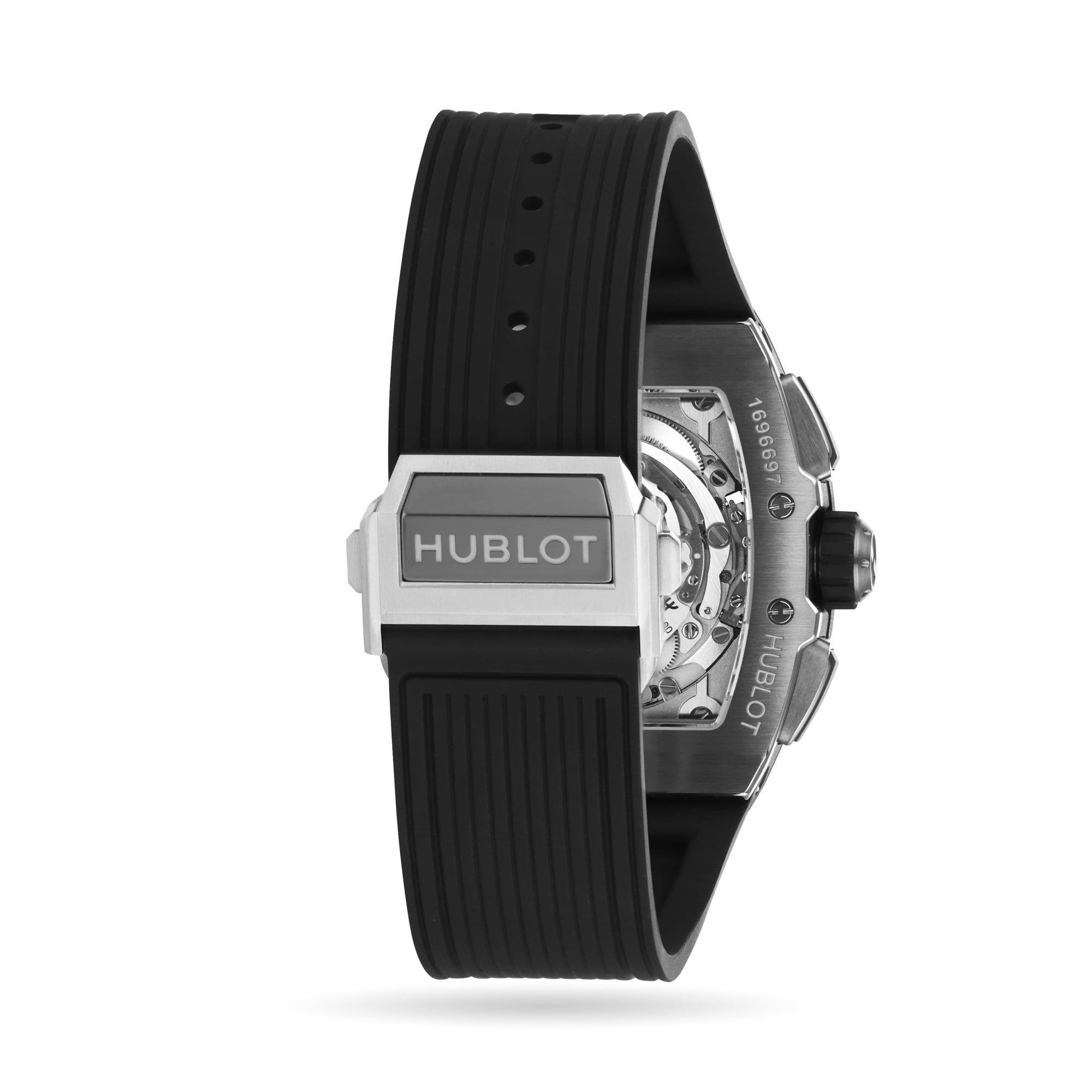 A Hublot Spirit Of Big Bang Titanium Ceramic watch with a black rubber strap, stainless steel clasp, and a display back revealing the intricate mechanism within its titanium and black ceramic case.