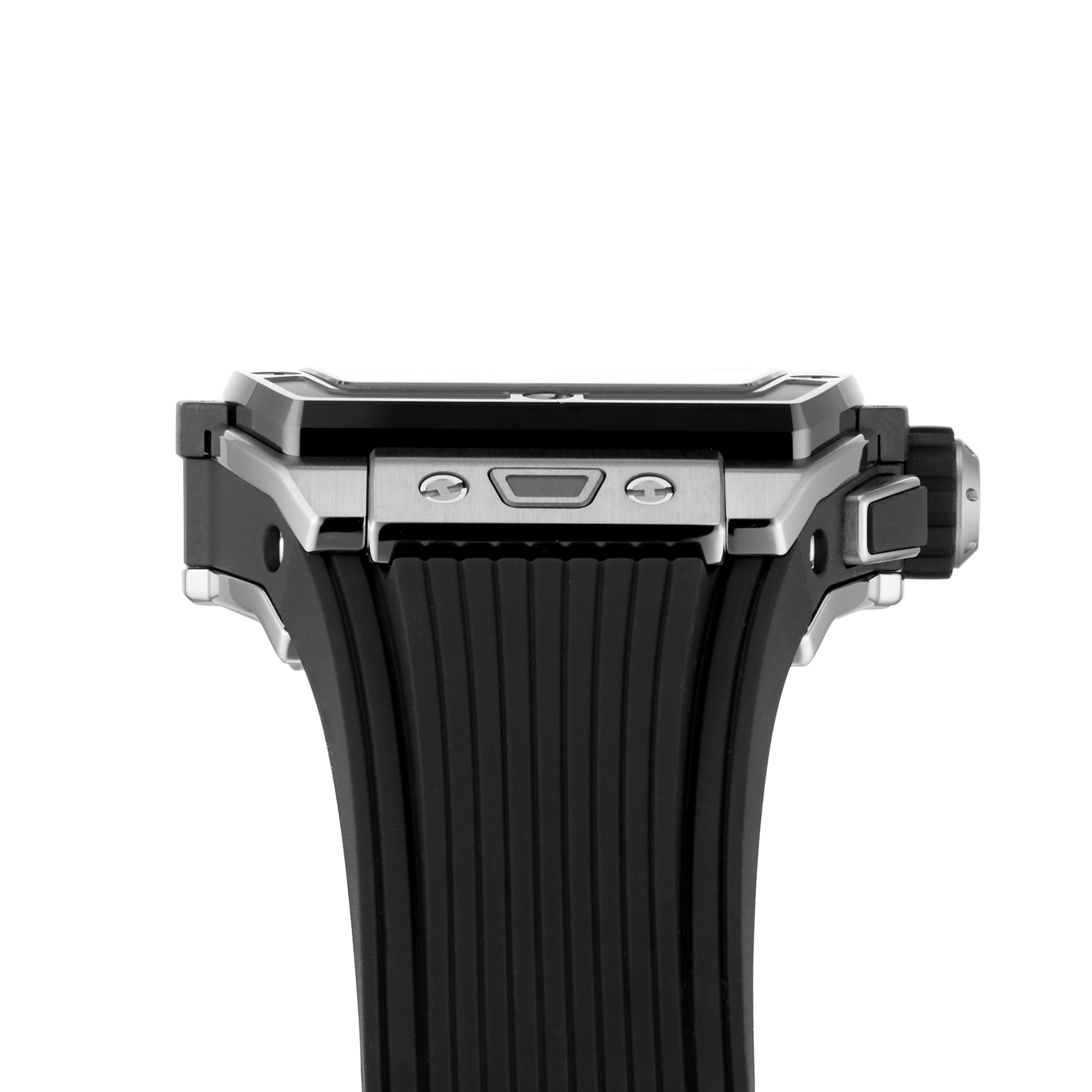 Side view of Hublots Spirit Of Big Bang Titanium Ceramic, a black wristwatch with a titanium and ceramic case, ridged rubber strap, metallic buttons, and crown—showcasing signature style.