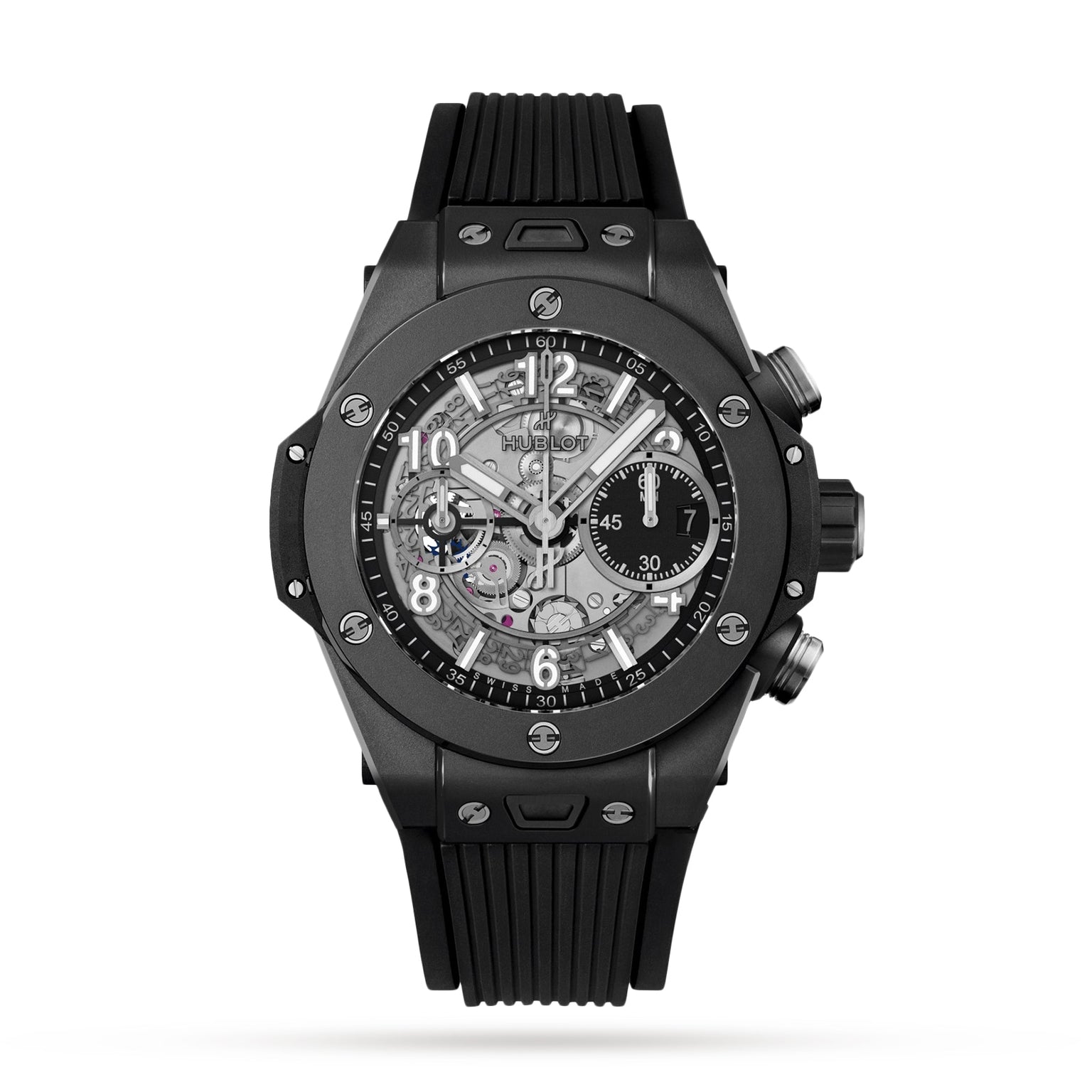 The Hublot Big Bang Unico Black Magic is a black wristwatch with a skeleton dial, visible gears, Arabic numerals, chronograph subdials, and a textured black rubber strap with self-winding chronograph movement.