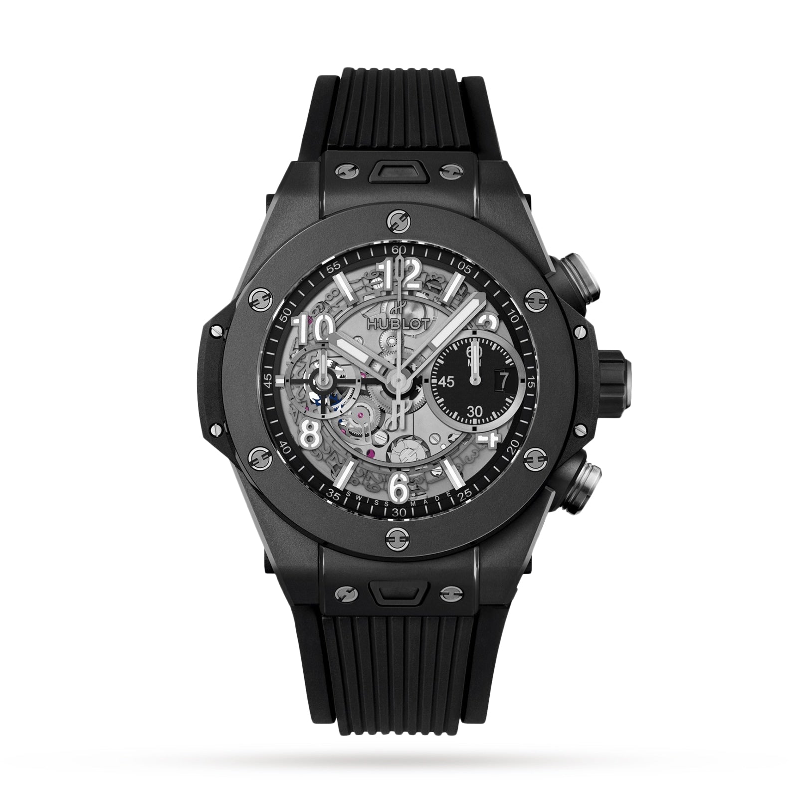 The Hublot Big Bang Unico Black Magic is a black wristwatch with a skeleton dial, visible gears, Arabic numerals, chronograph subdials, and a textured black rubber strap with self-winding chronograph movement.