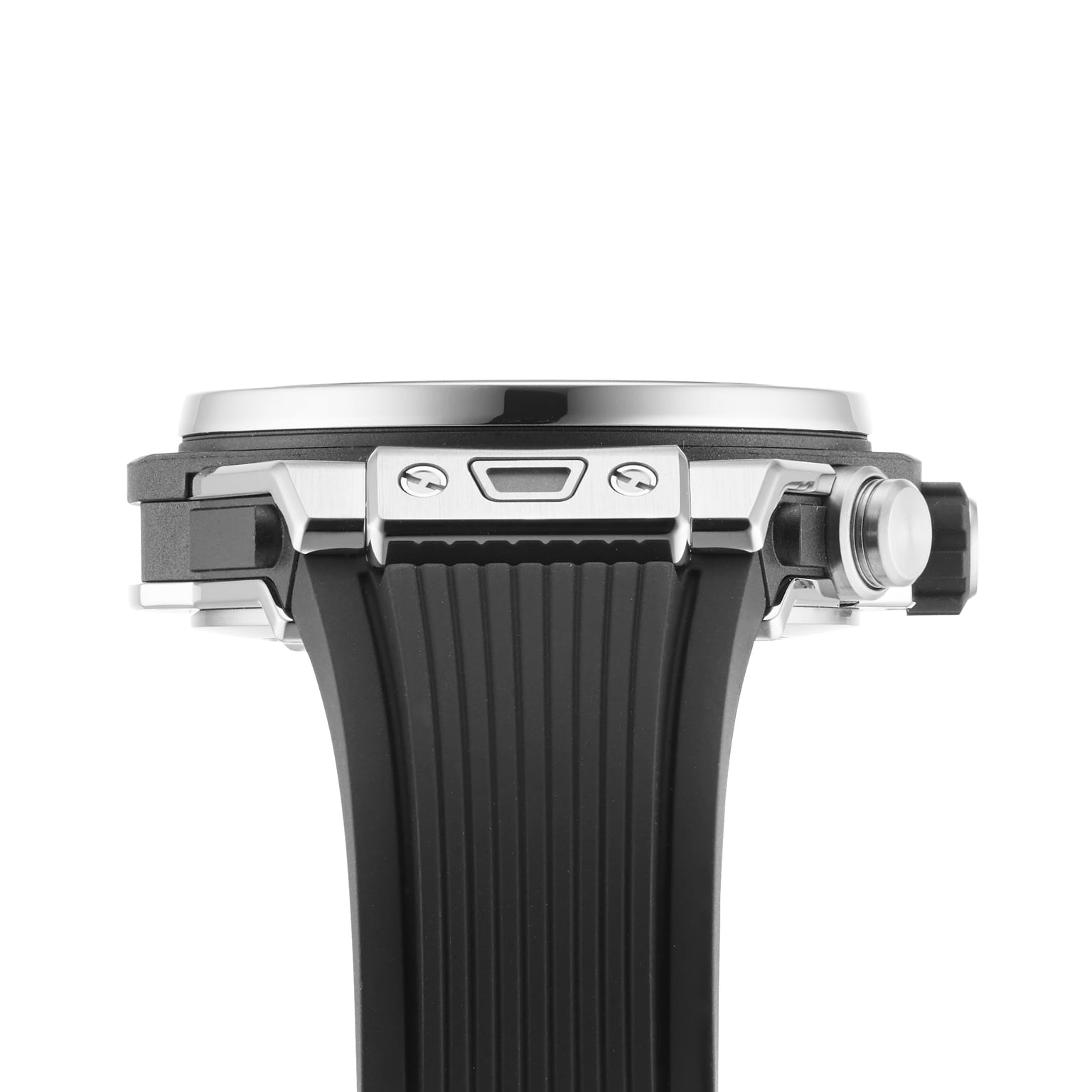 Side view of the Hublot Big Bang Unico Titanium wristwatch featuring a black textured strap, silver metal case, and large round button—an elegant chronograph flyback timepiece.