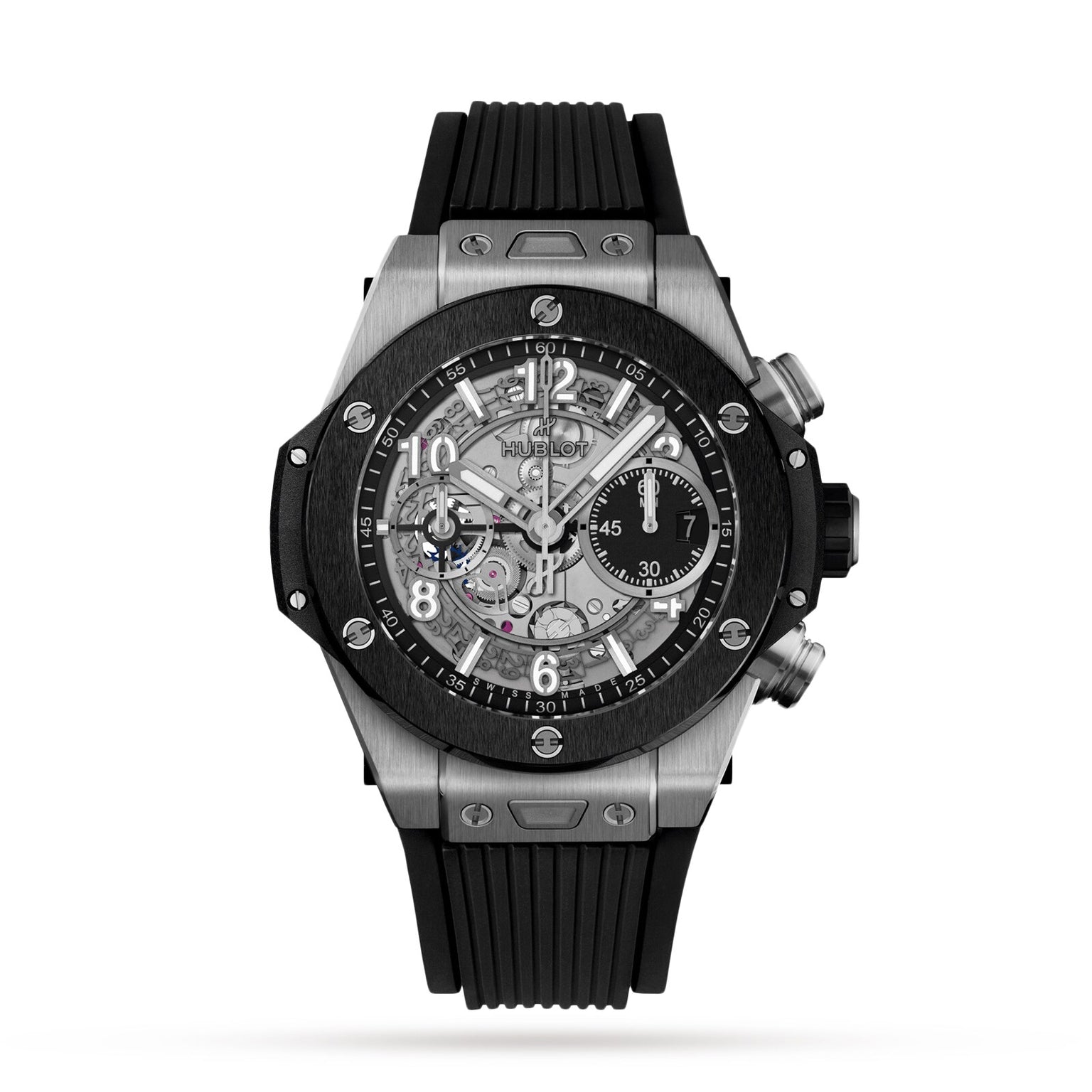 The Hublot Big Bang Unico Titanium Ceramic is a silver and black chronograph with a skeleton dial, black bezel, round case, and black rubber strap, displayed on a white background.