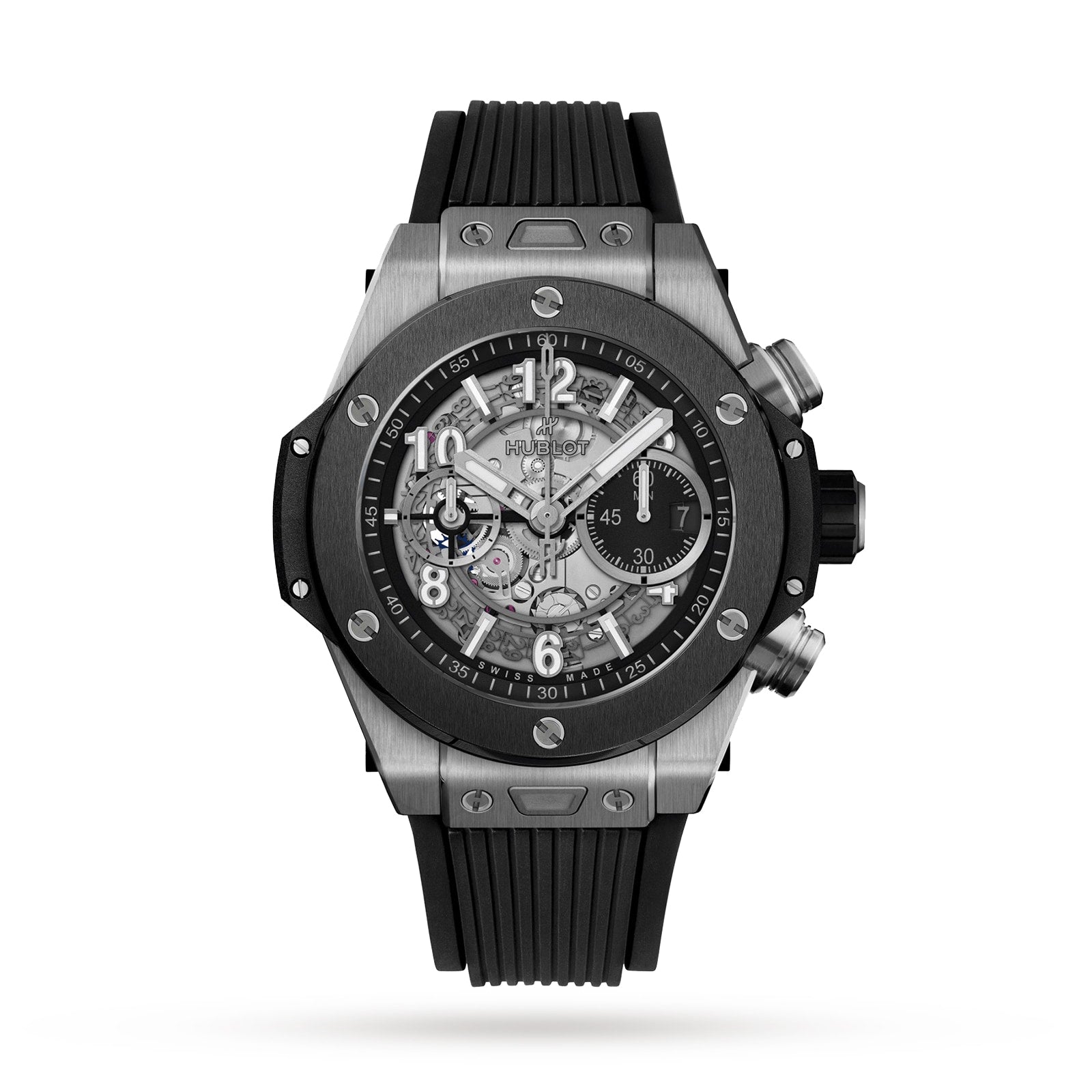 A Hublot Big Bang Unico Titanium Ceramic wristwatch featuring a silver and black skeleton dial, black bezel, and black rubber strap is displayed on a white background.