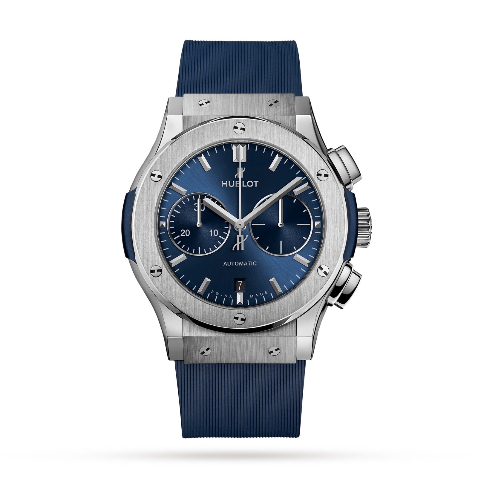 The Hublot Classic Fusion Chronograph Titanium Blue features a titanium case, blue dial with three subdials, date at 6 o’clock, and a blue rubber strap, shown on a white background.