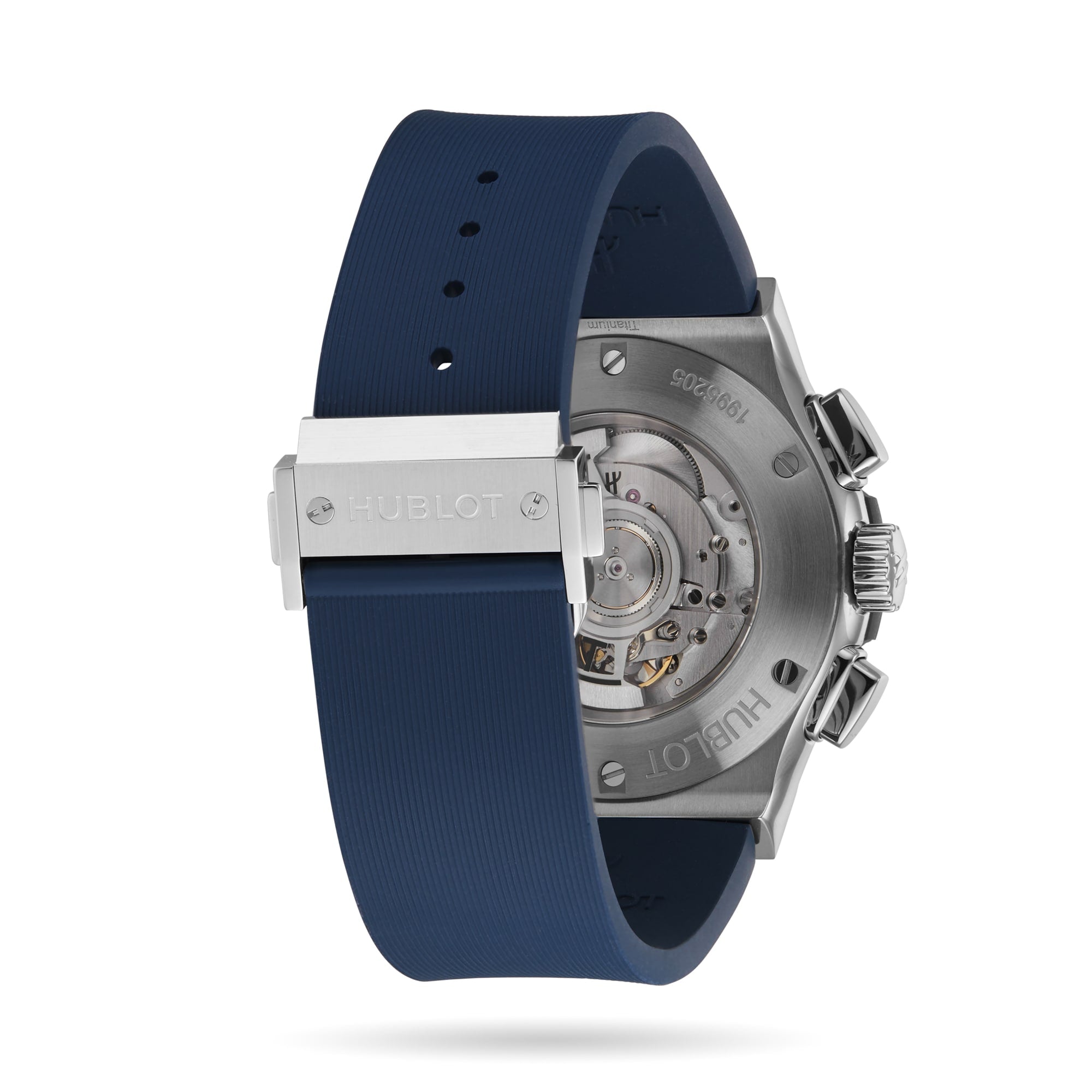 Back view of the Hublot Classic Fusion Chronograph Titanium Blue, featuring a blue rubber strap, titanium case, stainless steel clasp, and an exposed mechanical movement through a transparent case back.