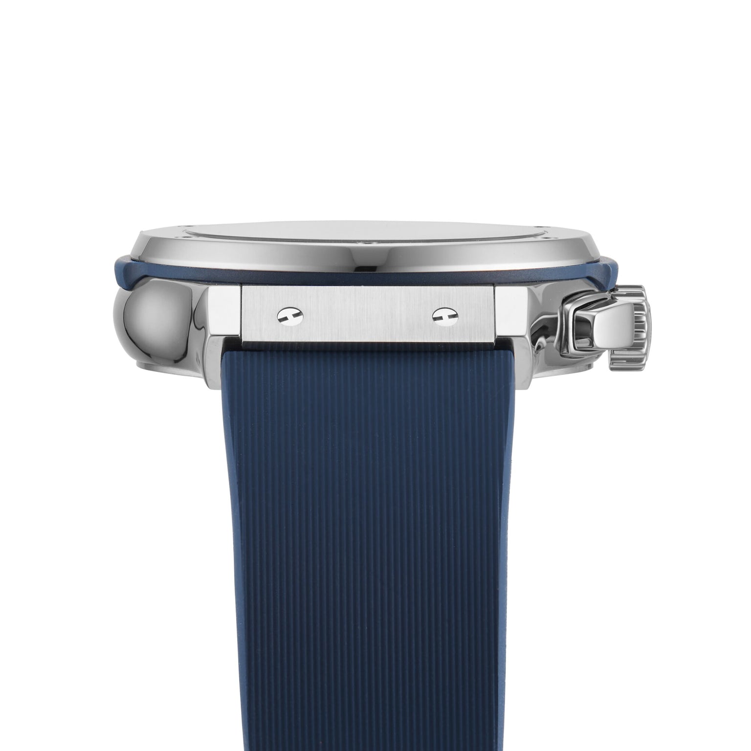 Side view of the Hublot Classic Fusion Chronograph Titanium Blue wristwatch, showcasing its titanium case, blue textured strap, and visible crown and pusher.