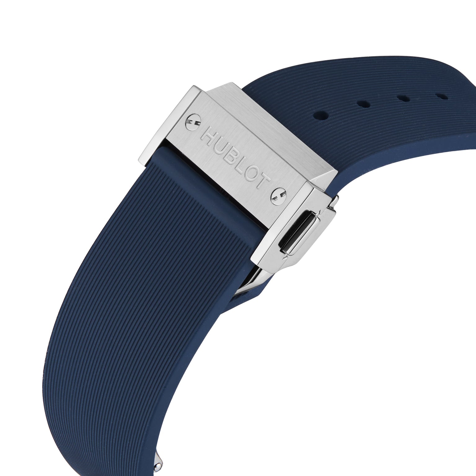 Close-up of a blue rubber strap with a silver clasp engraved Hublot, crafted to complement the Hublot Classic Fusion Chronograph Titanium Blue’s refined titanium case.