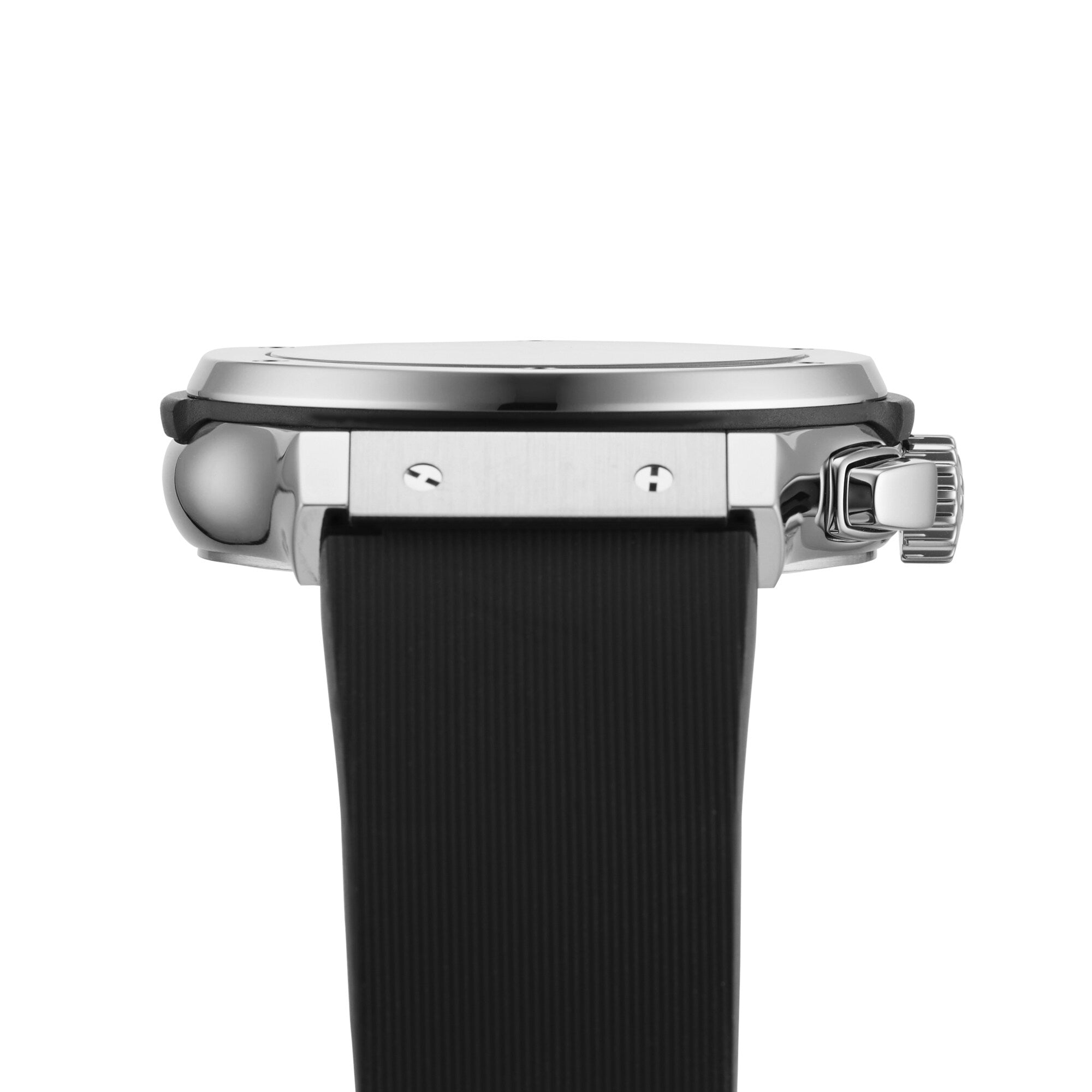 Side view of a Hublot Classic Fusion Chronograph Titanium wristwatch, showcasing its titanium case and crown with a black textured strap, set against a white background.