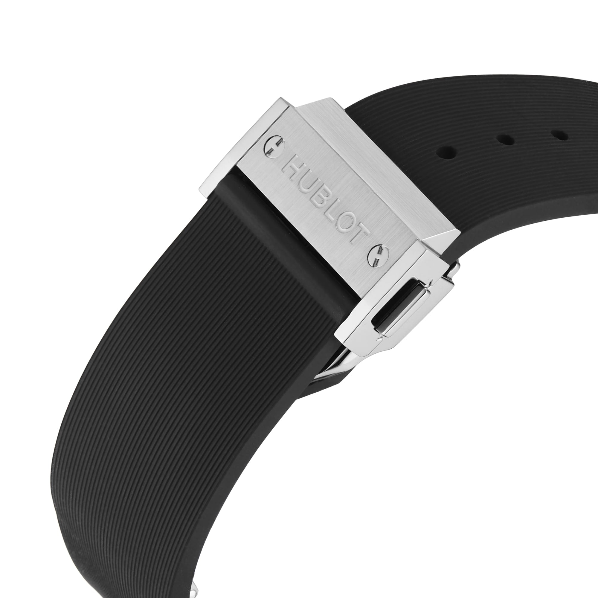 Close-up of a black rubber strap with a silver clasp engraved with Hublot, complementing the Classic Fusion Chronograph Titanium’s refined case by Hublot.