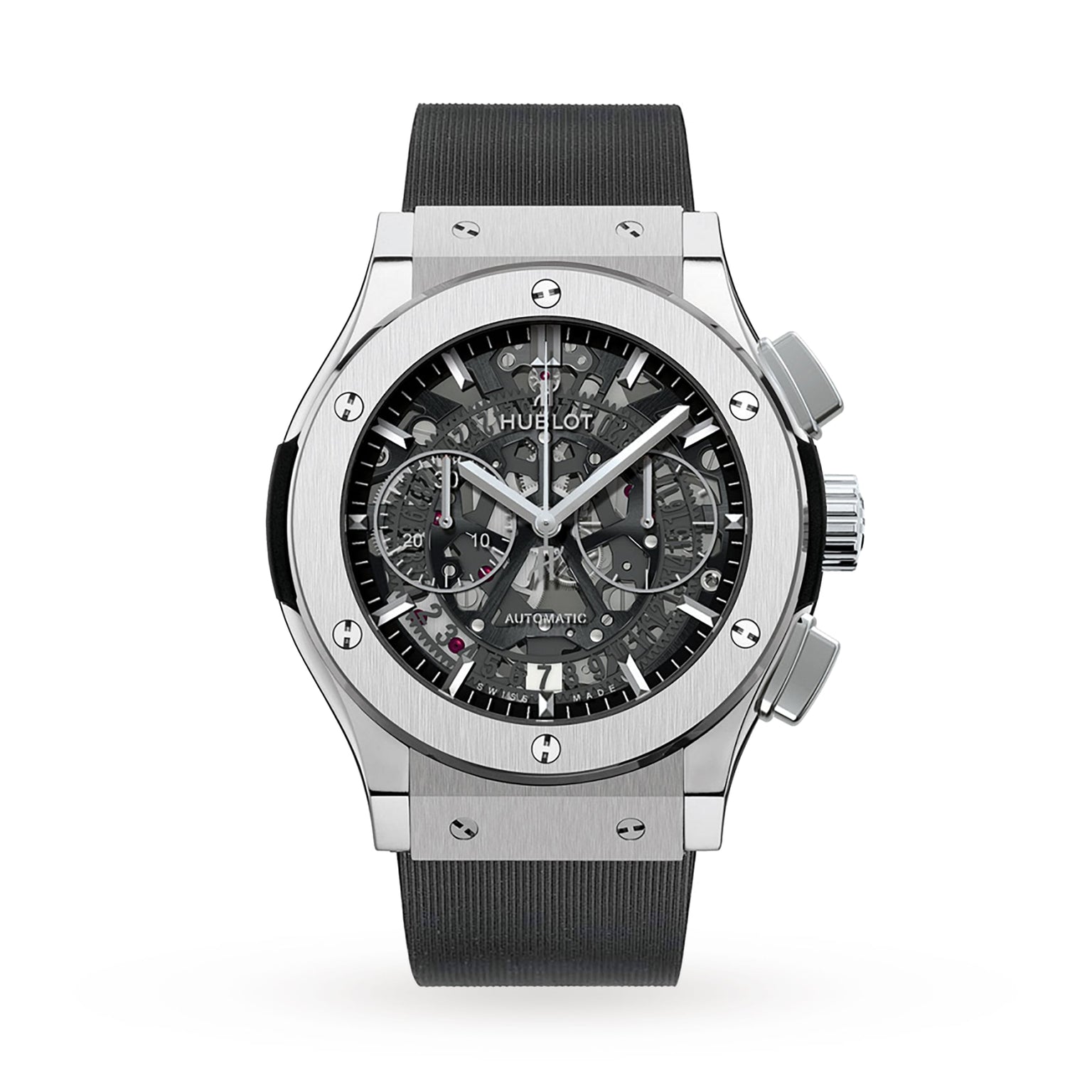The Hublot Classic Fusion Aerofusion Titanium is a silver wristwatch with a titanium case, black strap, skeleton dial, chronograph subdials, and visible screws on the bezel.