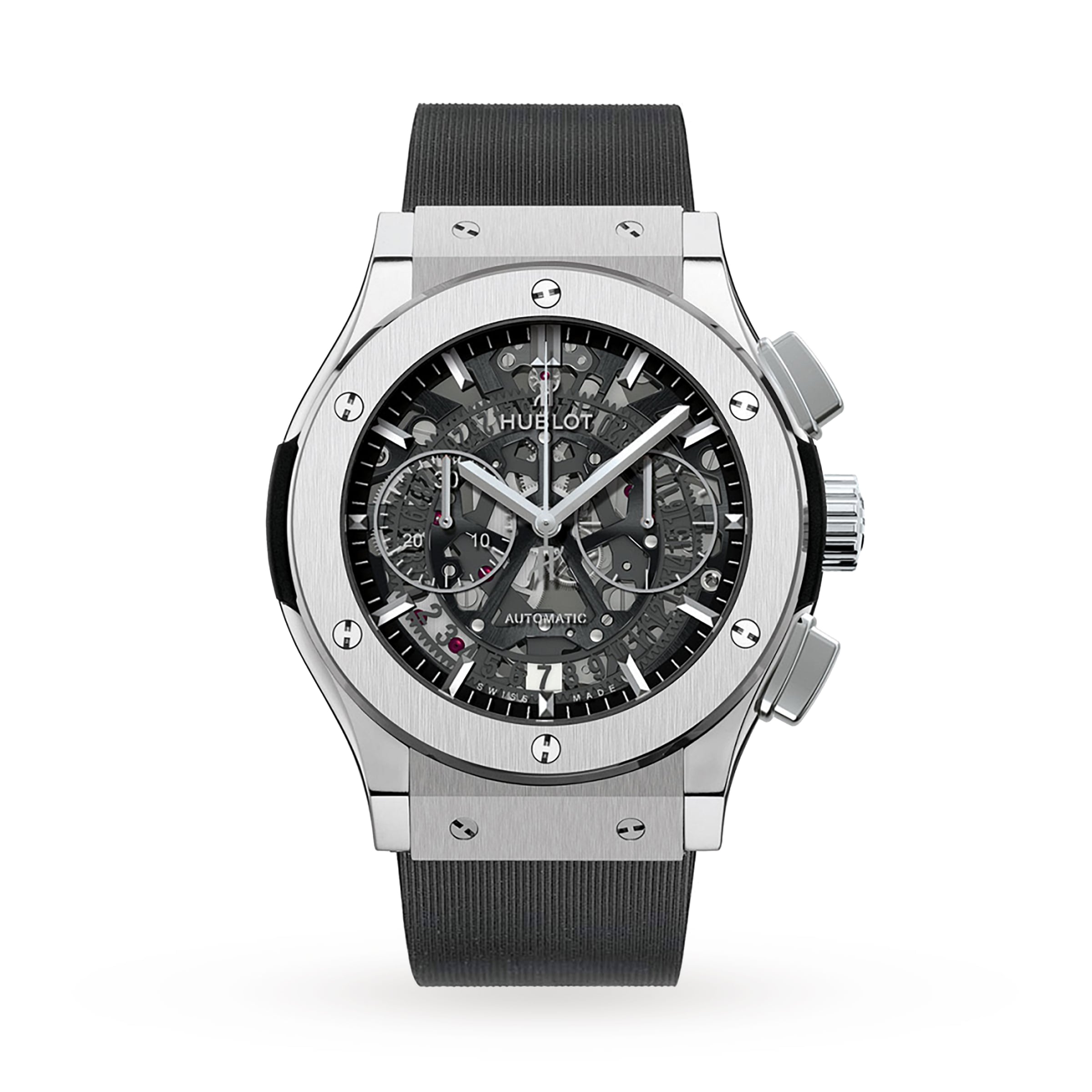 The Hublot Classic Fusion Aerofusion Titanium is a silver wristwatch with a titanium case, black strap, skeleton dial, chronograph subdials, and visible screws on the bezel.