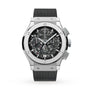 The Hublot Classic Fusion Aerofusion Titanium is a silver wristwatch with a titanium case, black strap, skeleton dial, chronograph subdials, and visible screws on the bezel.