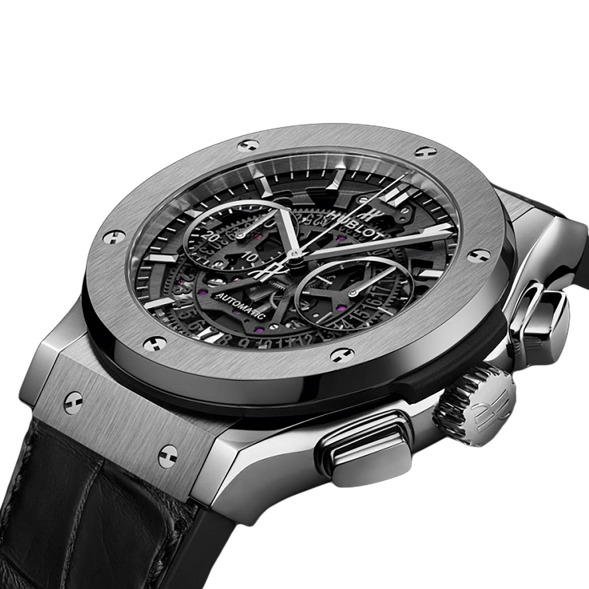 The Hublot Classic Fusion Aerofusion Titanium is a luxury wristwatch with a titanium case, skeleton dial, silver bezel with exposed screws, black leather strap, side push buttons, and HUB1155 movement.