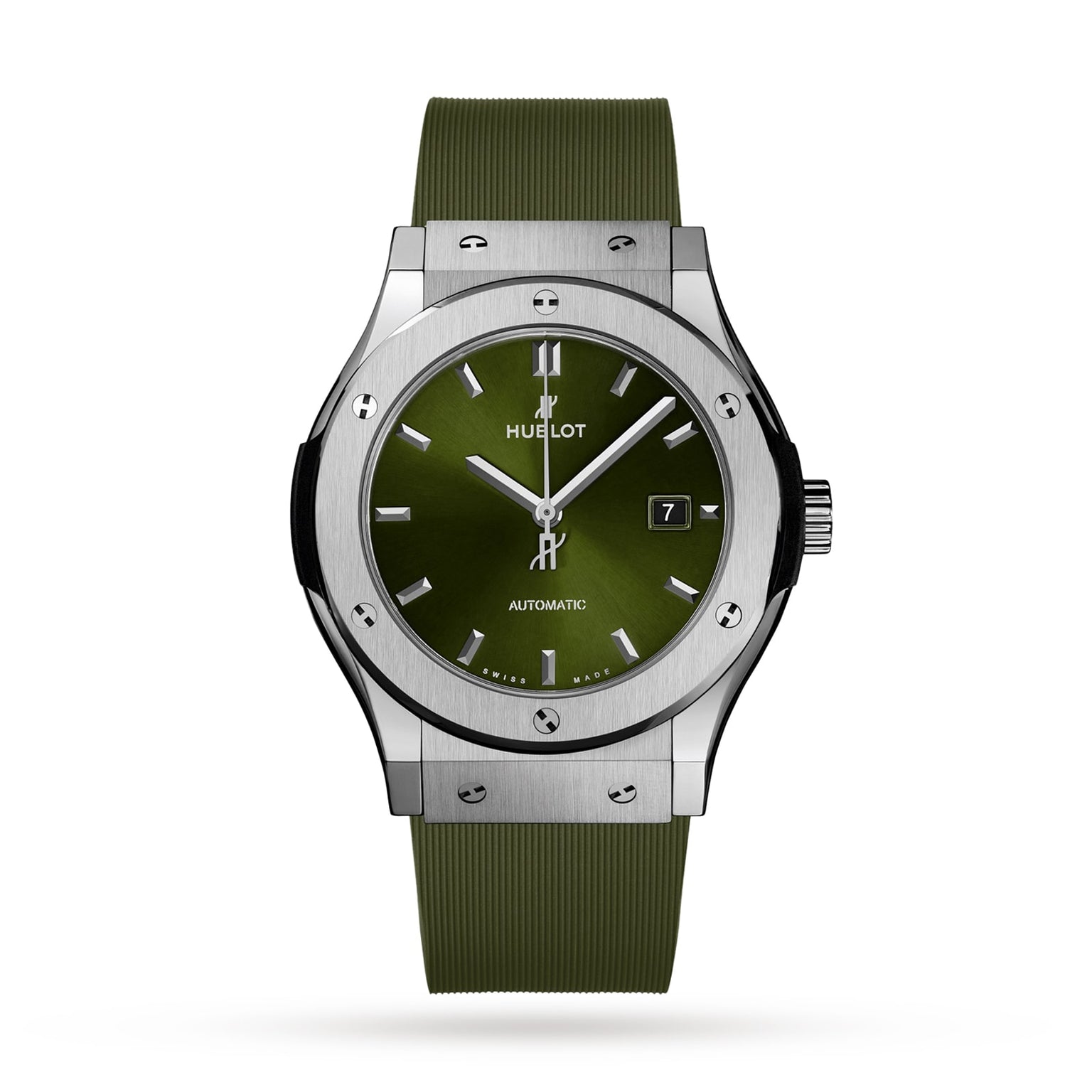The Hublot Classic Fusion Titanium Green features a green dial, silver hour markers and hands, a date display at 3 o’clock, a rubber strap, and a durable titanium case.