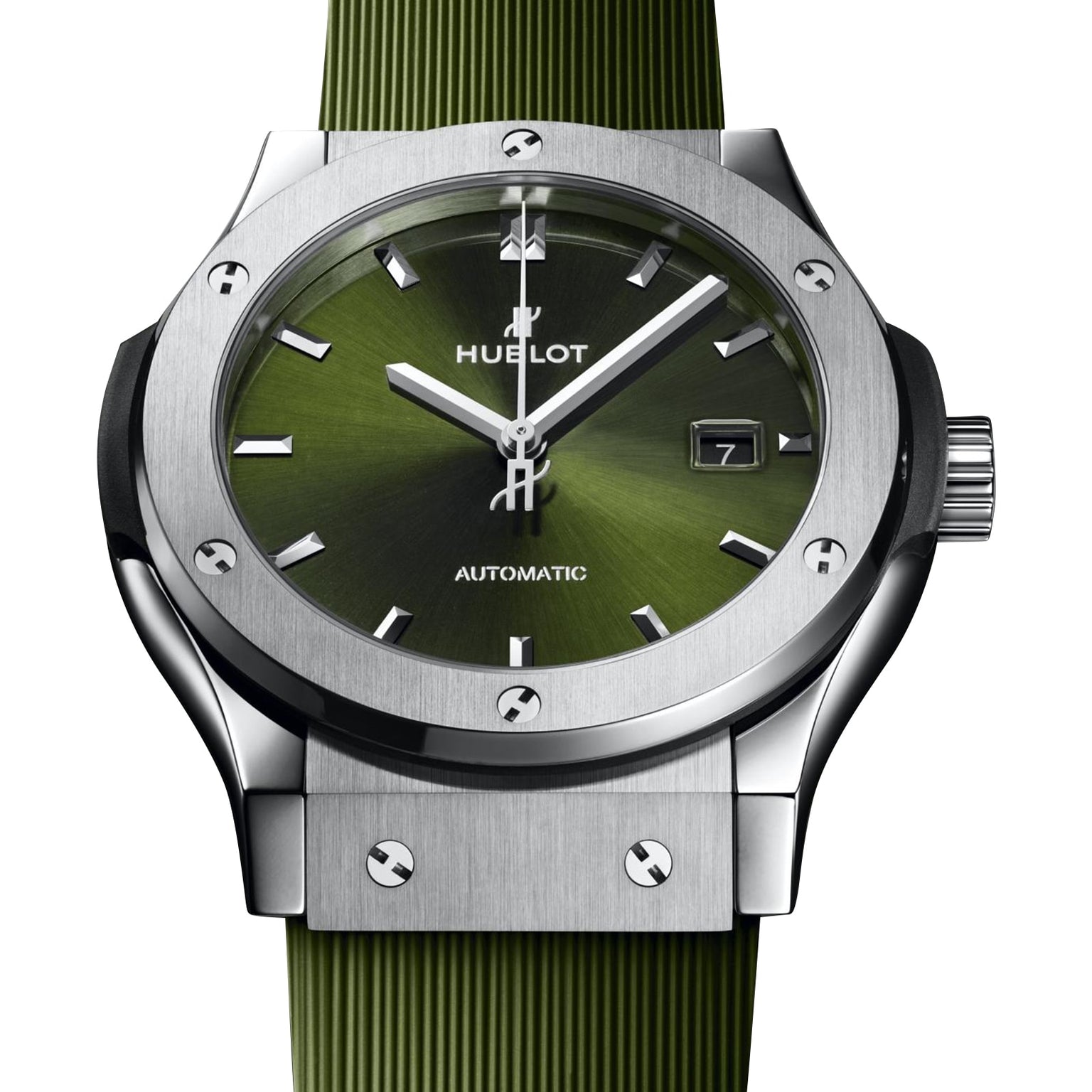 The Hublot Classic Fusion Titanium Green features a green dial, silver hour markers, automatic movement, date at 3 o’clock, and a matching green textured strap.