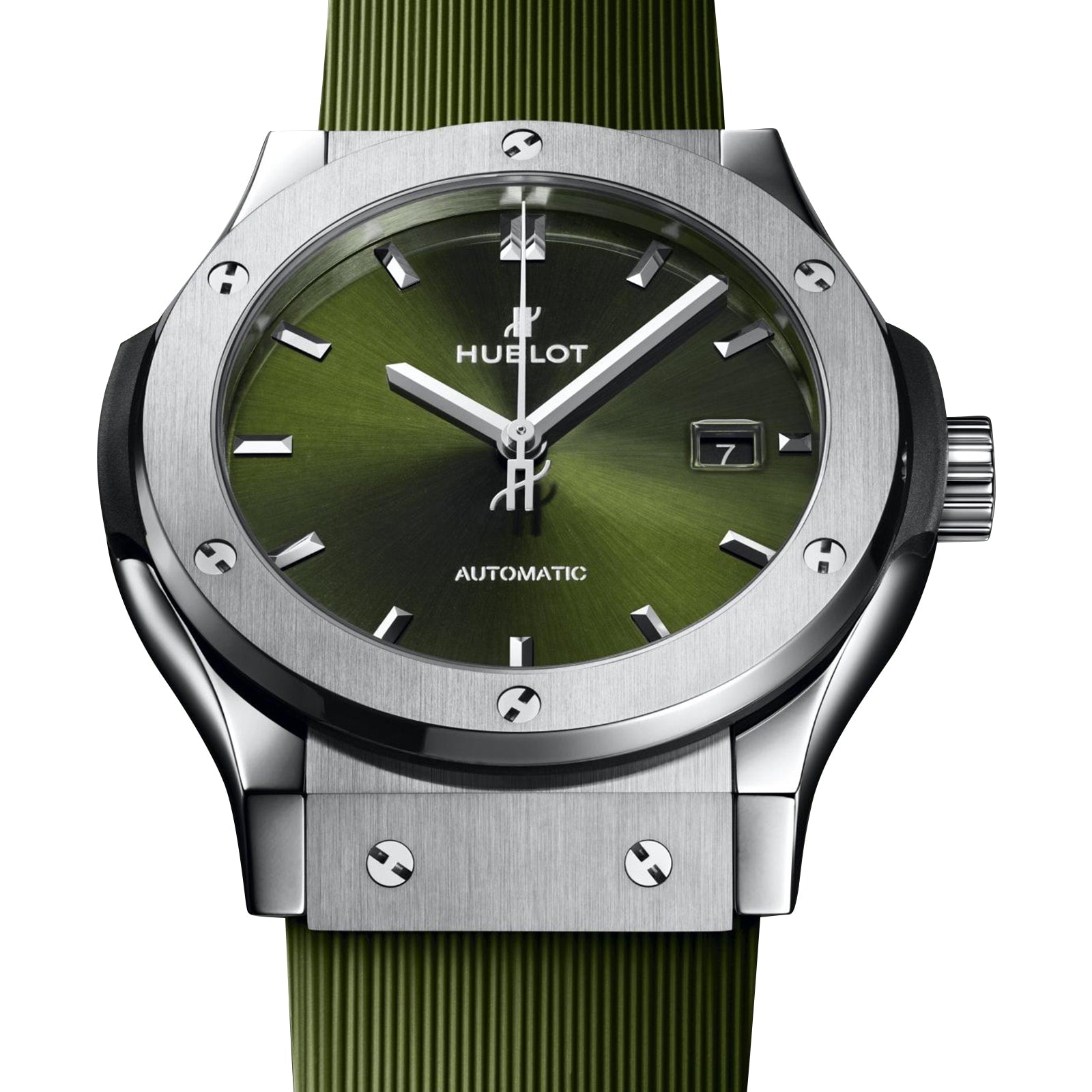 The Hublot Classic Fusion Titanium Green features a green dial, silver hour markers, automatic movement, date at 3 o’clock, and a matching green textured strap.