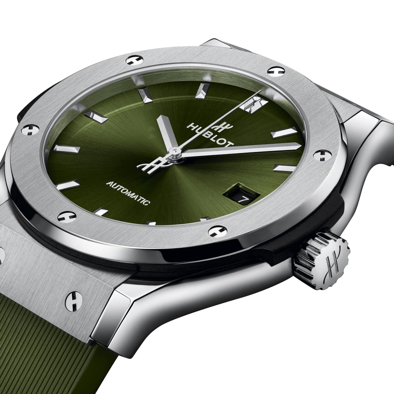 Close-up of the Hublot Classic Fusion Titanium Green watch, showcasing its green dial, silver markers, date display, green strap, titanium case, and stainless steel bezel.