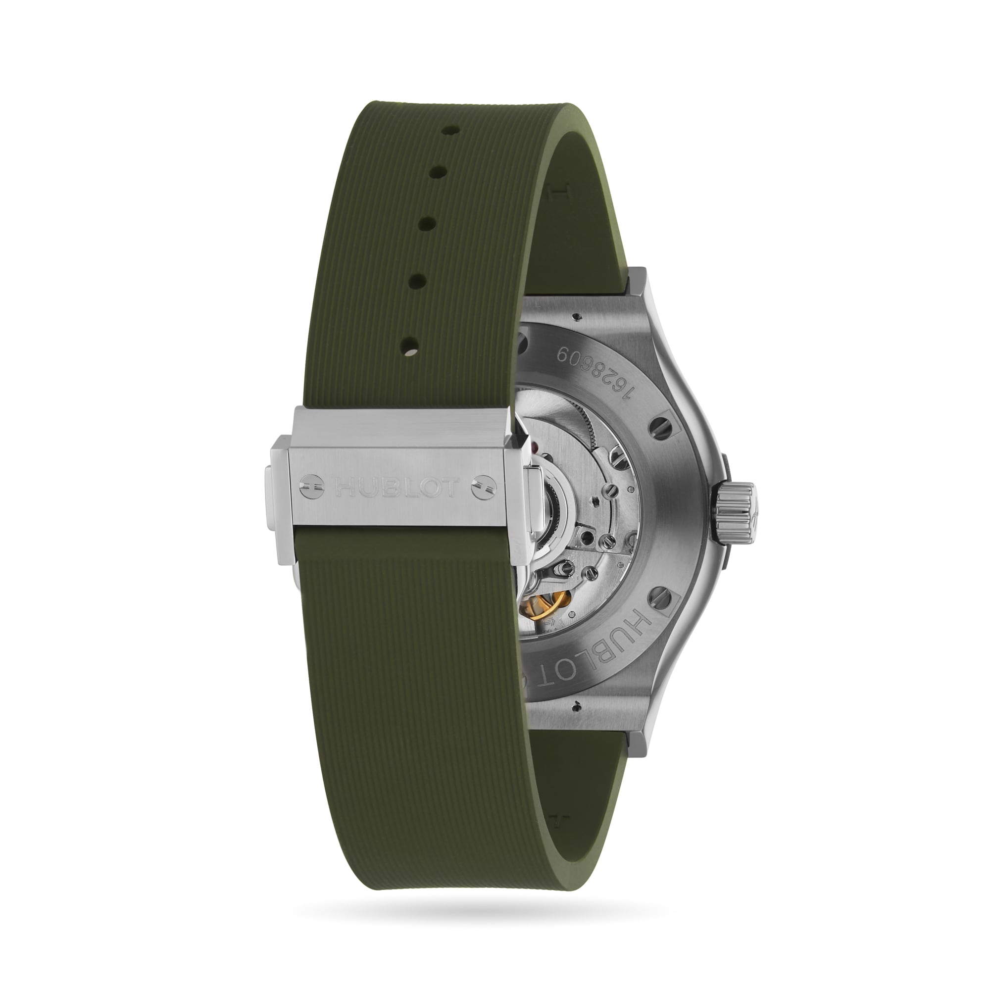 Back view of the Hublot Classic Fusion Titanium Green, featuring an olive green rubber strap, silver clasp, titanium case, and a visible mechanical movement through the transparent case back.