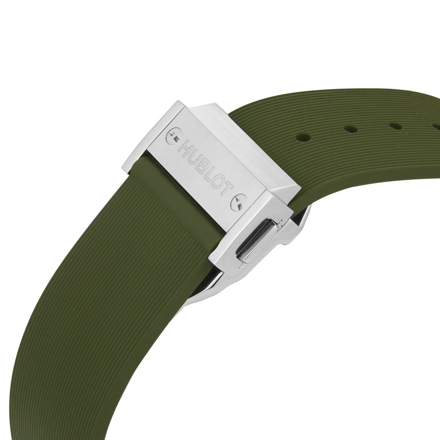 A close-up of a green rubber strap from the Hublot Classic Fusion Titanium Green watch, featuring a silver clasp engraved with the brand name.