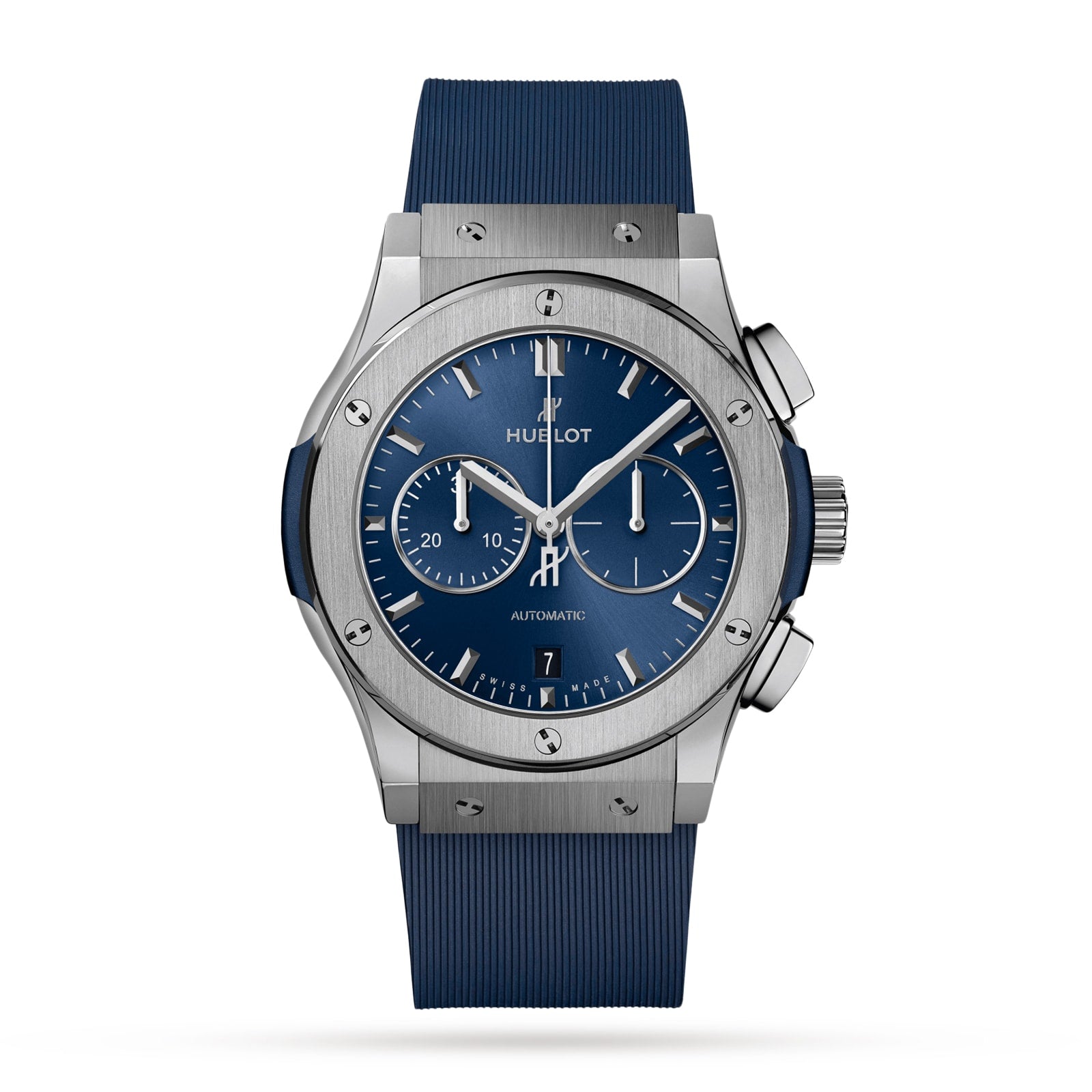 The Hublot Classic Fusion Chronograph Titanium Blue features a titanium case, blue sunray dial with silver markers, chronograph subdials, and a blue rubber strap, shown against a white background.