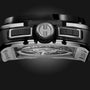 Close-up side view of the Hublot Square Bang Unico Titanium Ceramic, a black and silver luxury wristwatch, highlighting its crown, pushers, and sapphire crystal case back revealing the intricate UNICO movement.