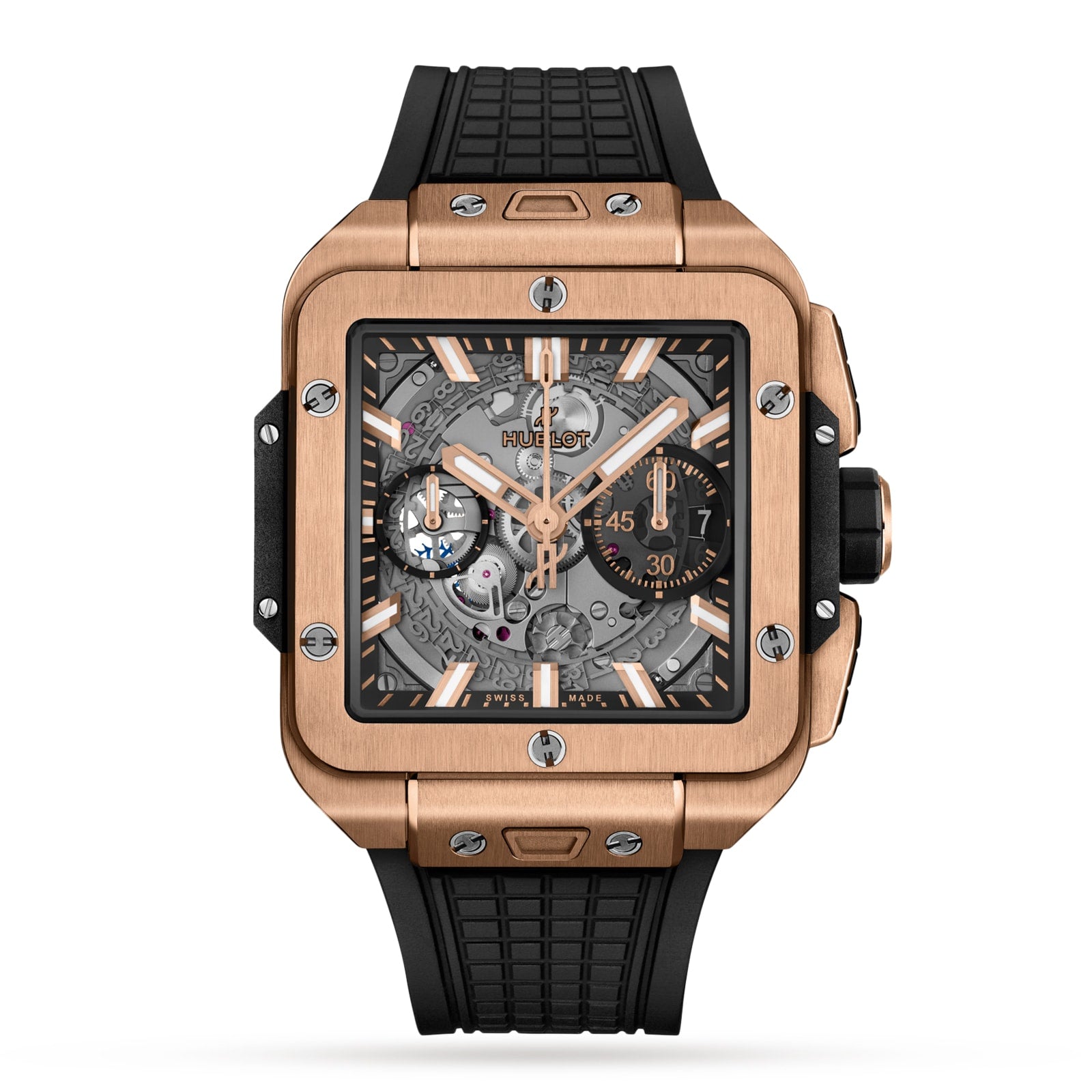 The Hublot Square Bang Unico King Gold features a square face, 18K King Gold bezel, black strap, exposed gears on the dial with subdials, and is powered by the Unico 2 calibre movement.